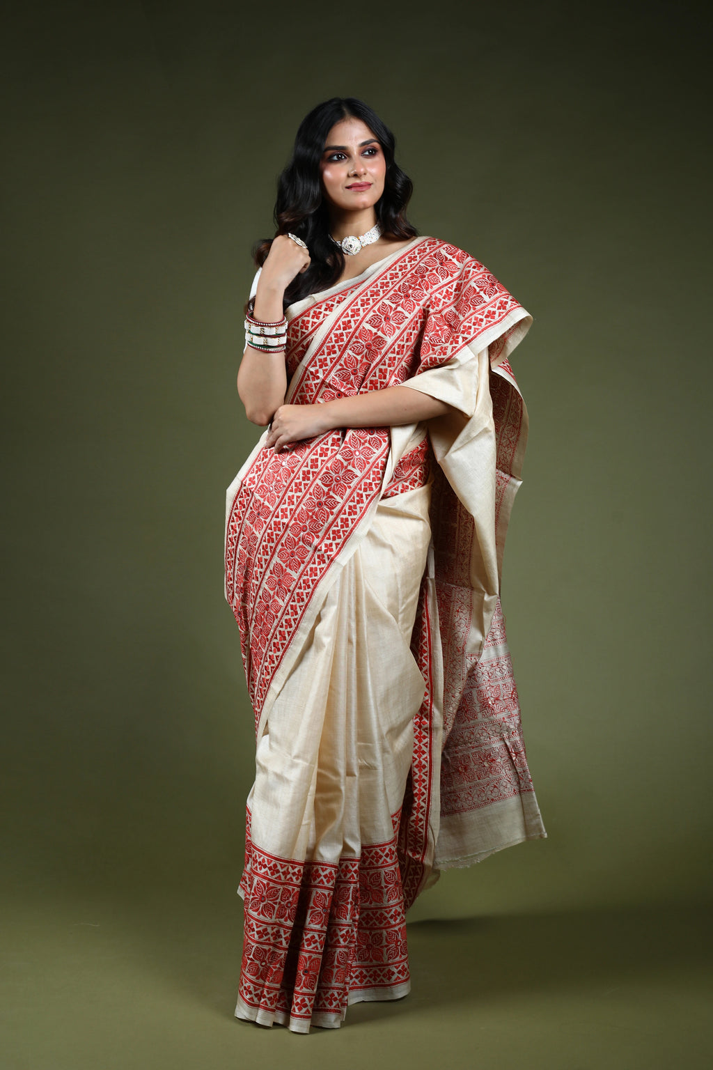 Brick Red & Offwhite Tussar Kantha Saree With Blouse Piece