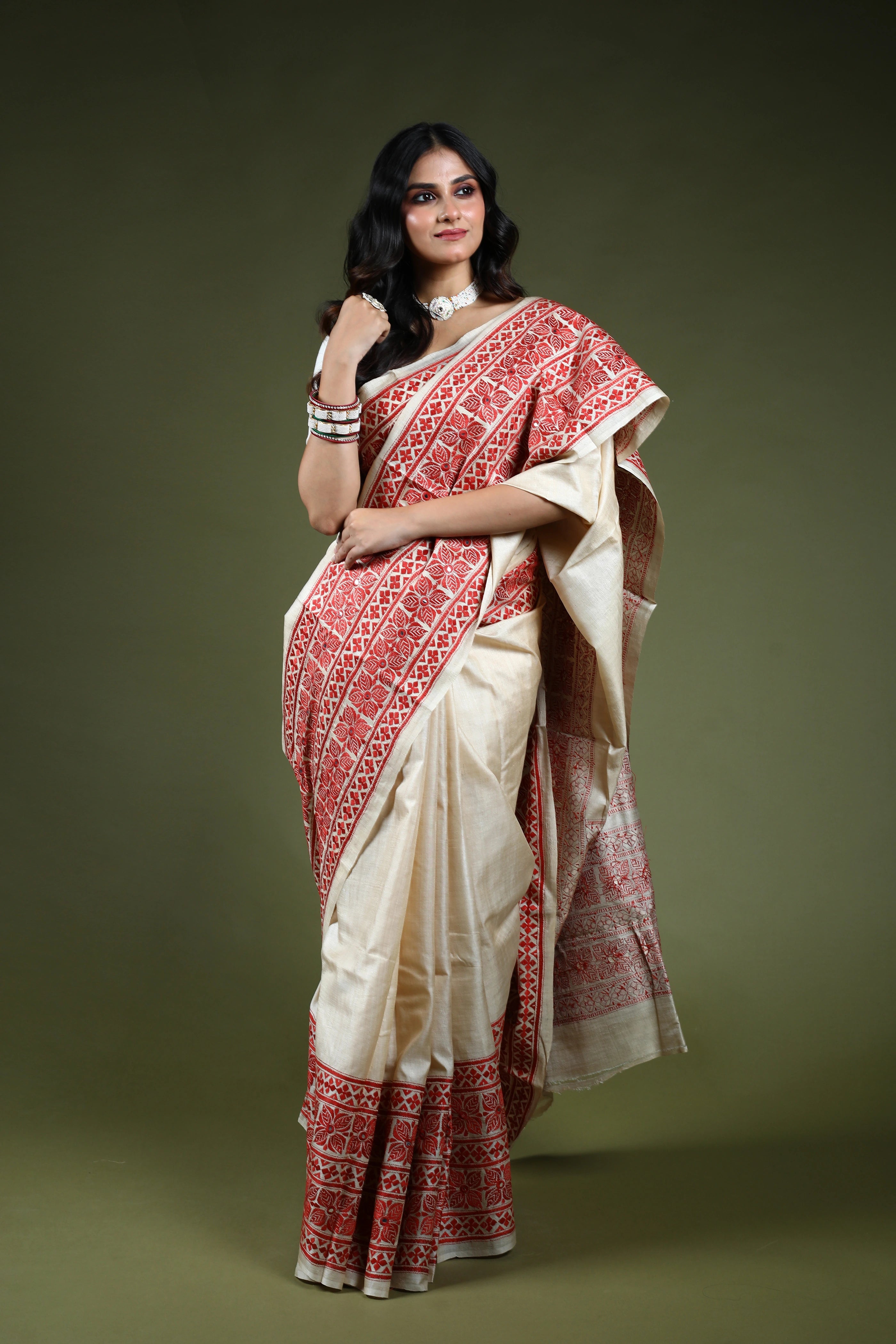 Brick Red & Offwhite Tussar Kantha Saree With Blouse Piece