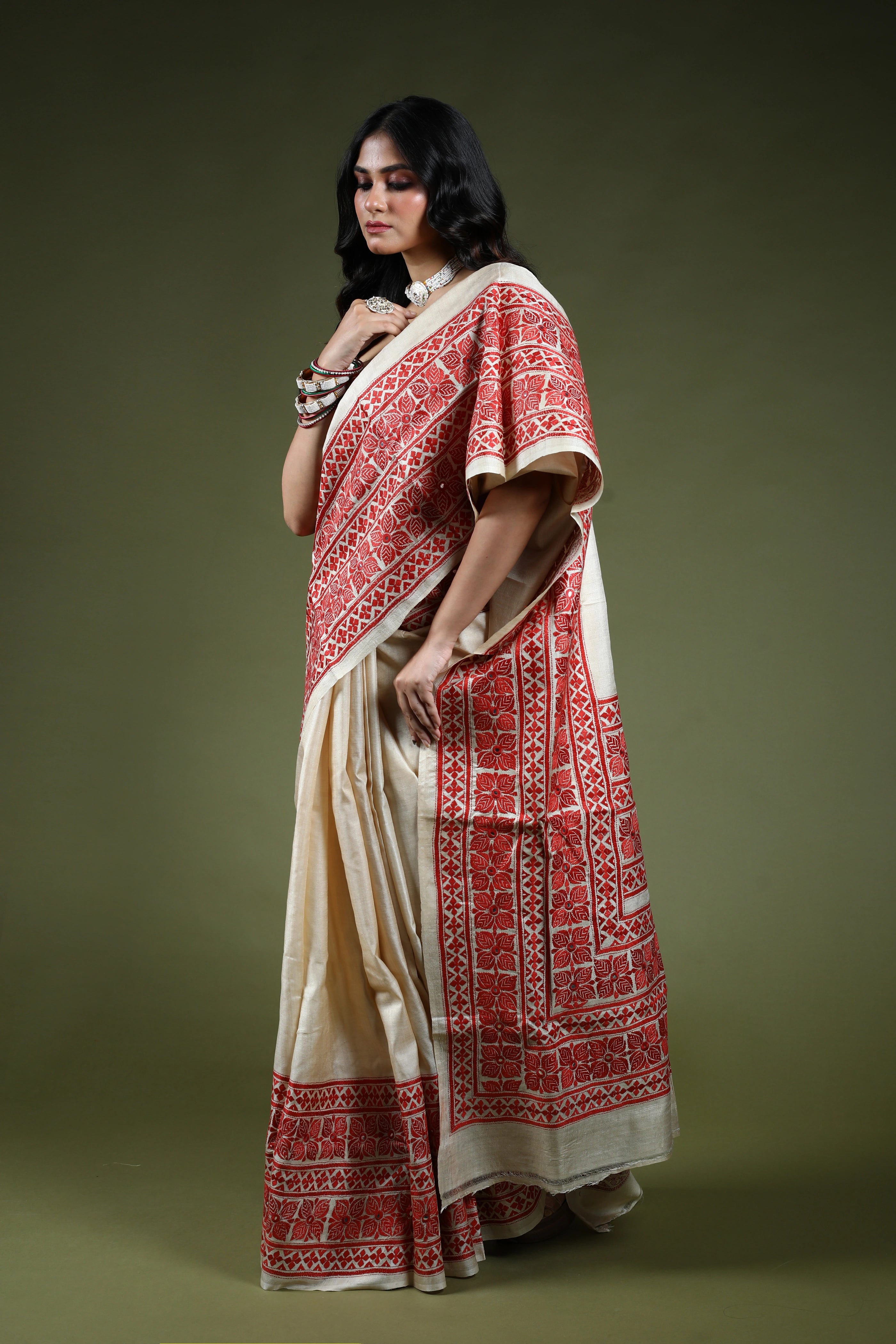 Brick Red & Offwhite Tussar Kantha Saree With Blouse Piece