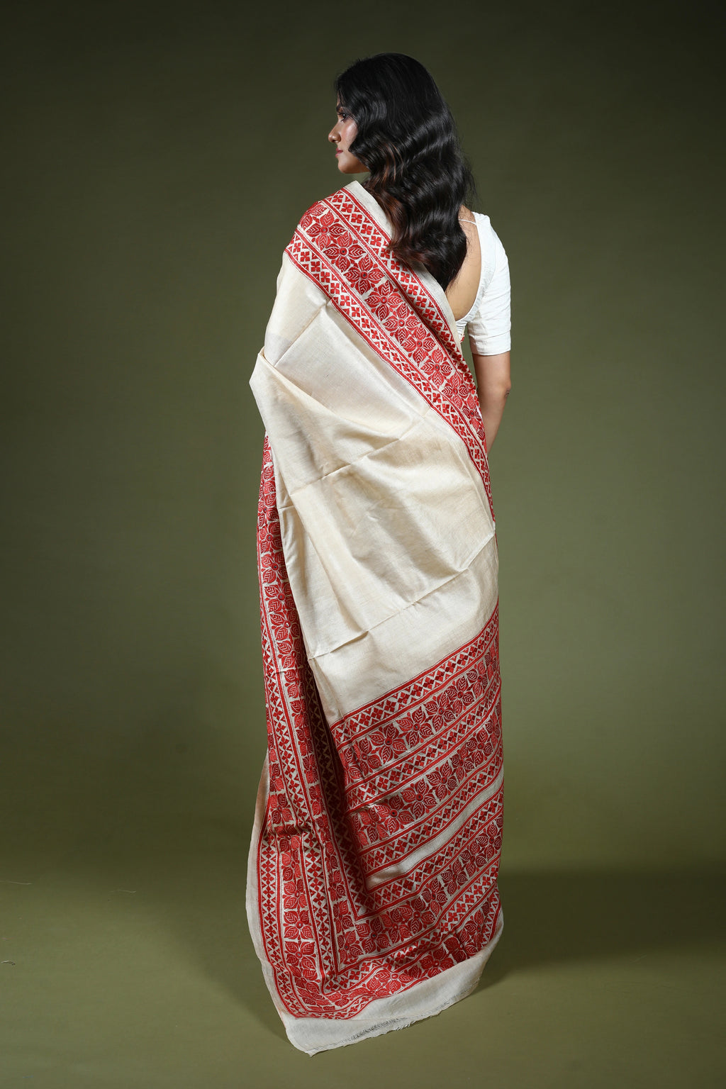 Brick Red & Offwhite Tussar Kantha Saree With Blouse Piece