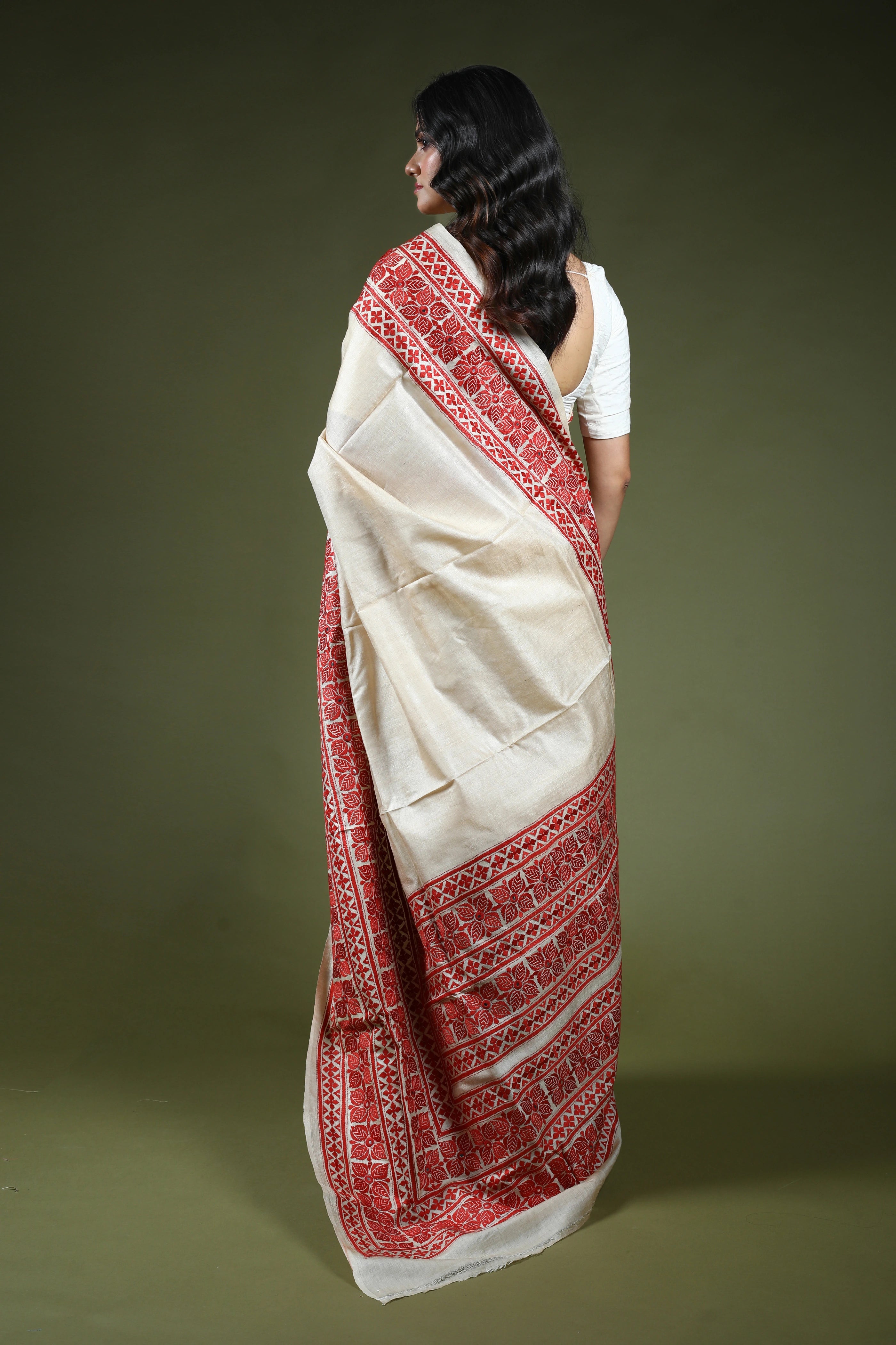 Brick Red & Offwhite Tussar Kantha Saree With Blouse Piece