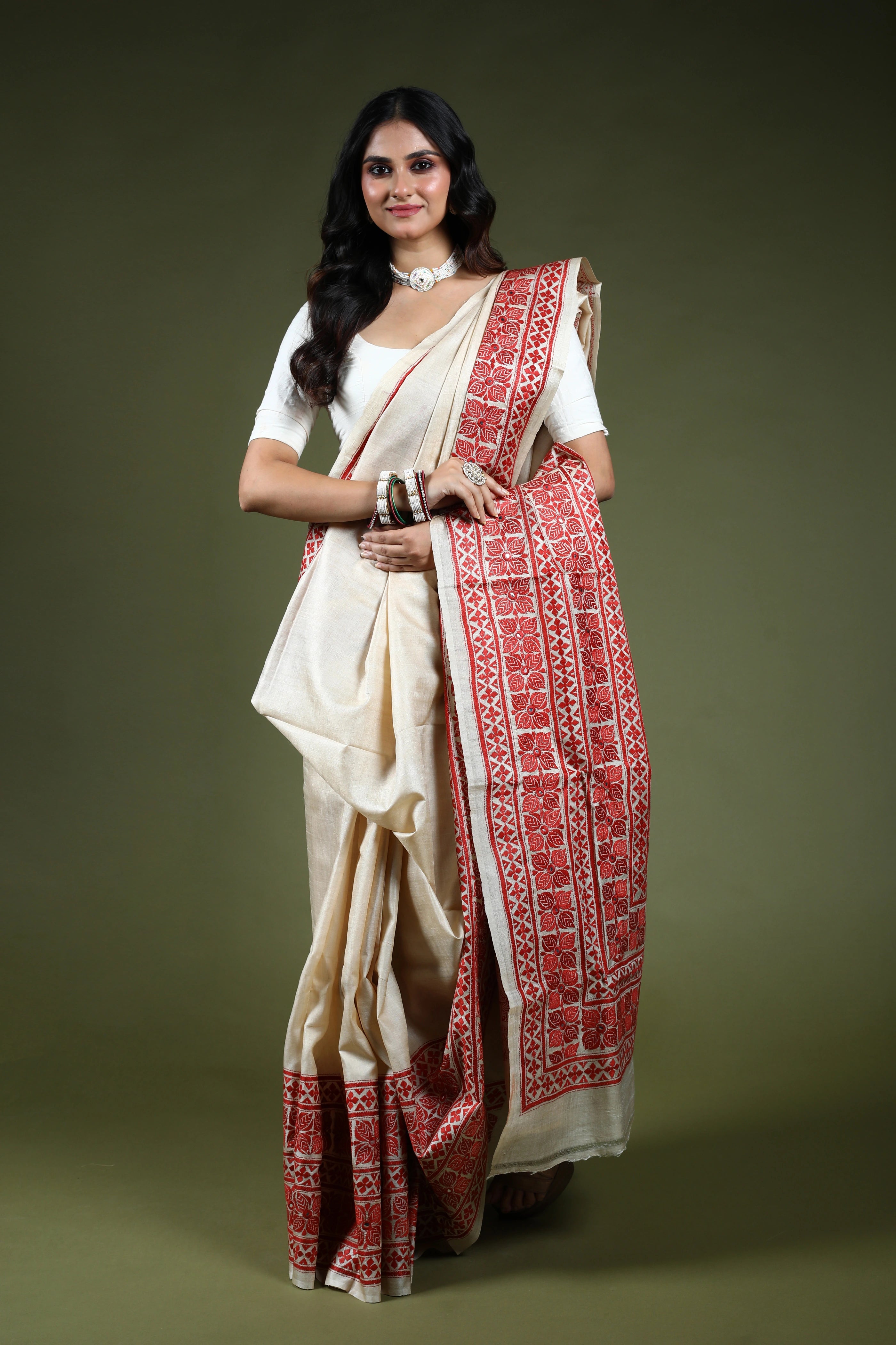Brick Red & Offwhite Tussar Kantha Saree With Blouse Piece