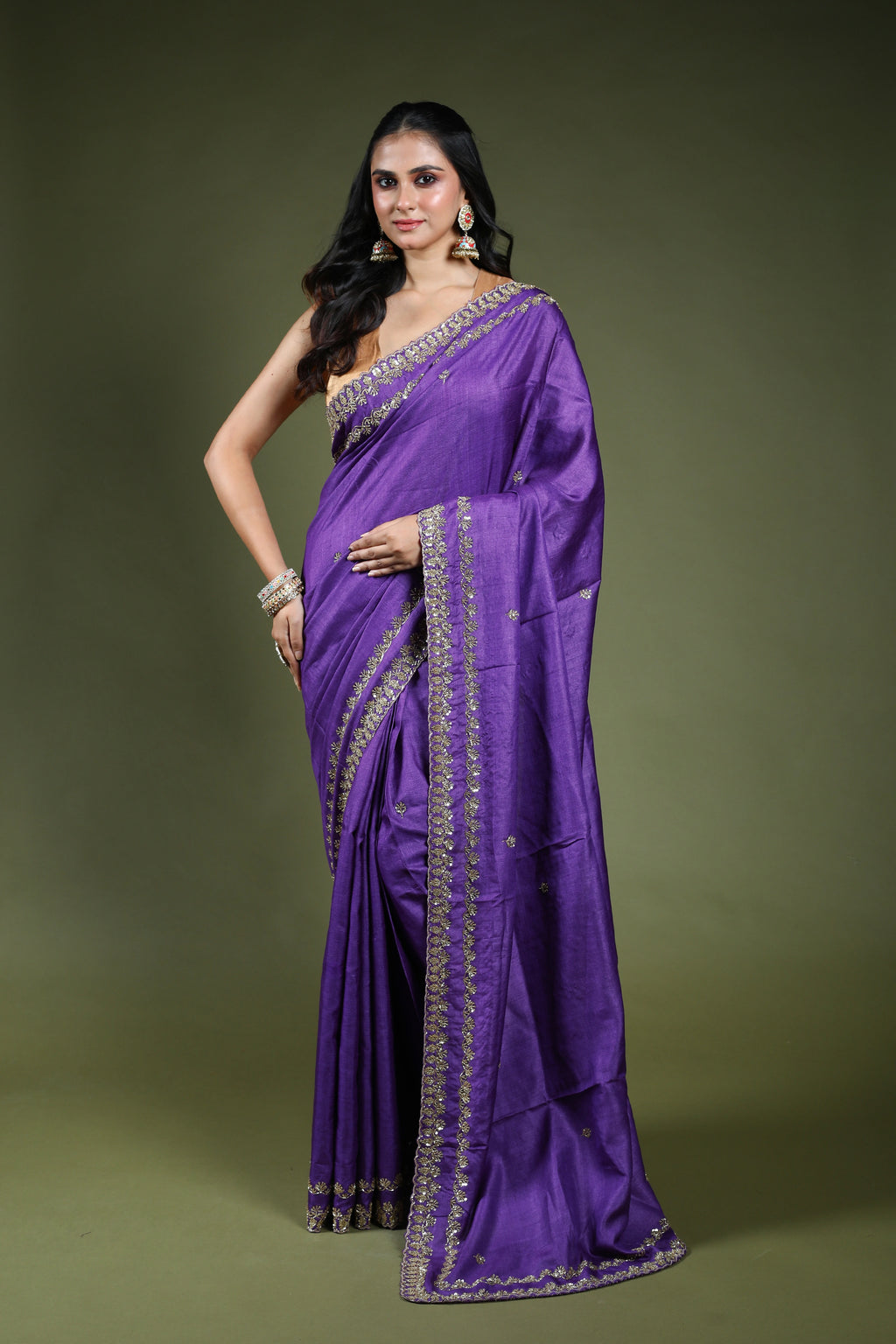 Purple Tussar Zardosi Work Saree With Blouse Piece