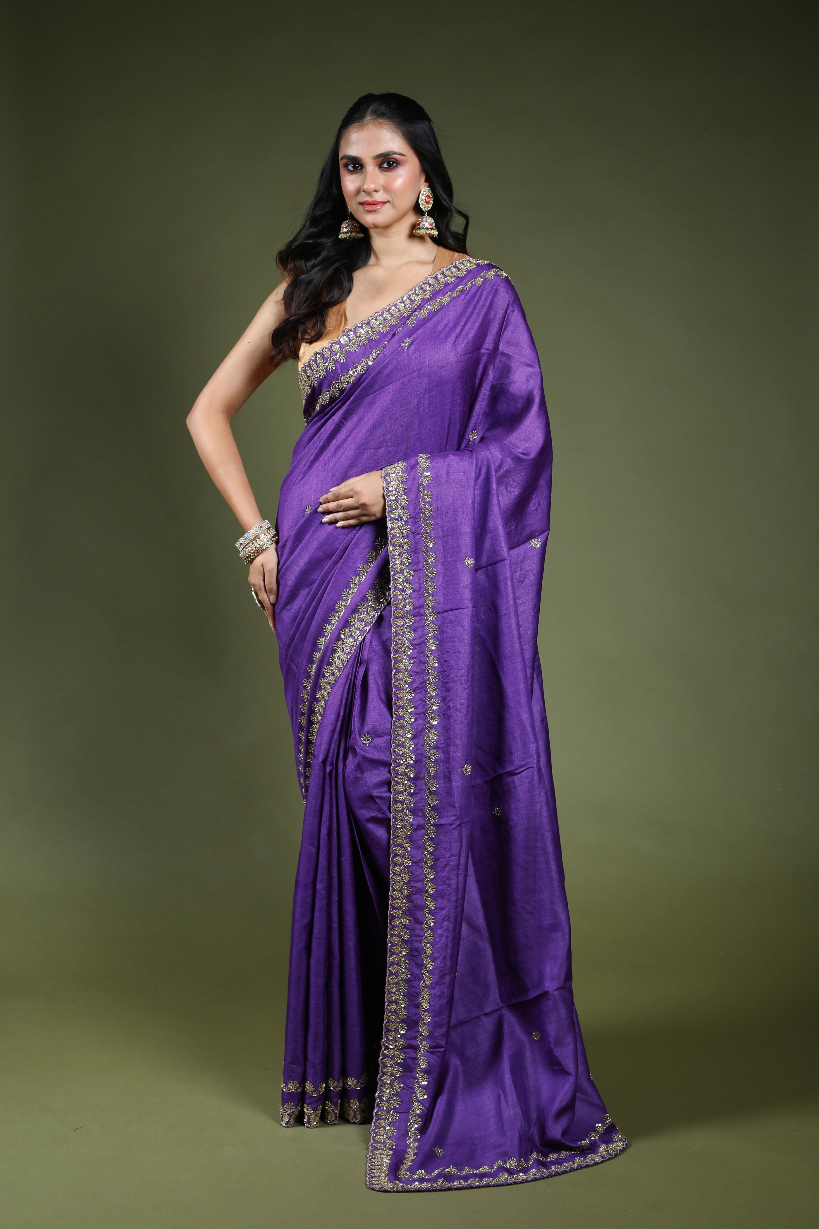 Purple Tussar Zardosi Work Saree With Blouse Piece