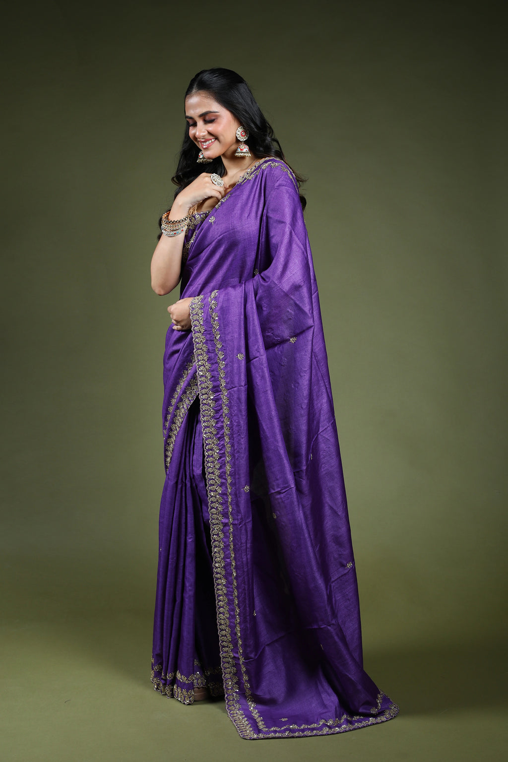 Purple Tussar Zardosi Work Saree With Blouse Piece
