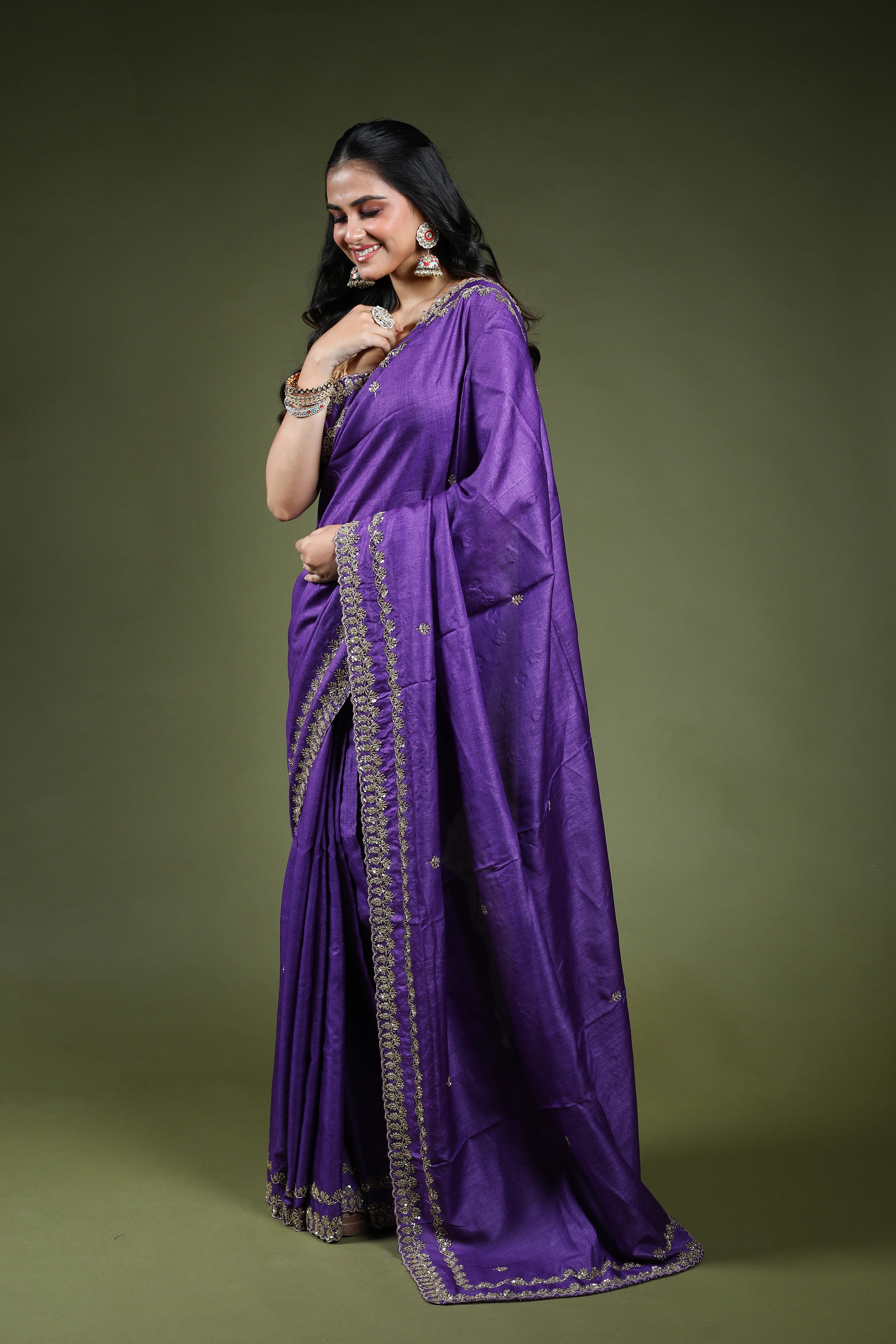 Purple Tussar Zardosi Work Saree With Blouse Piece