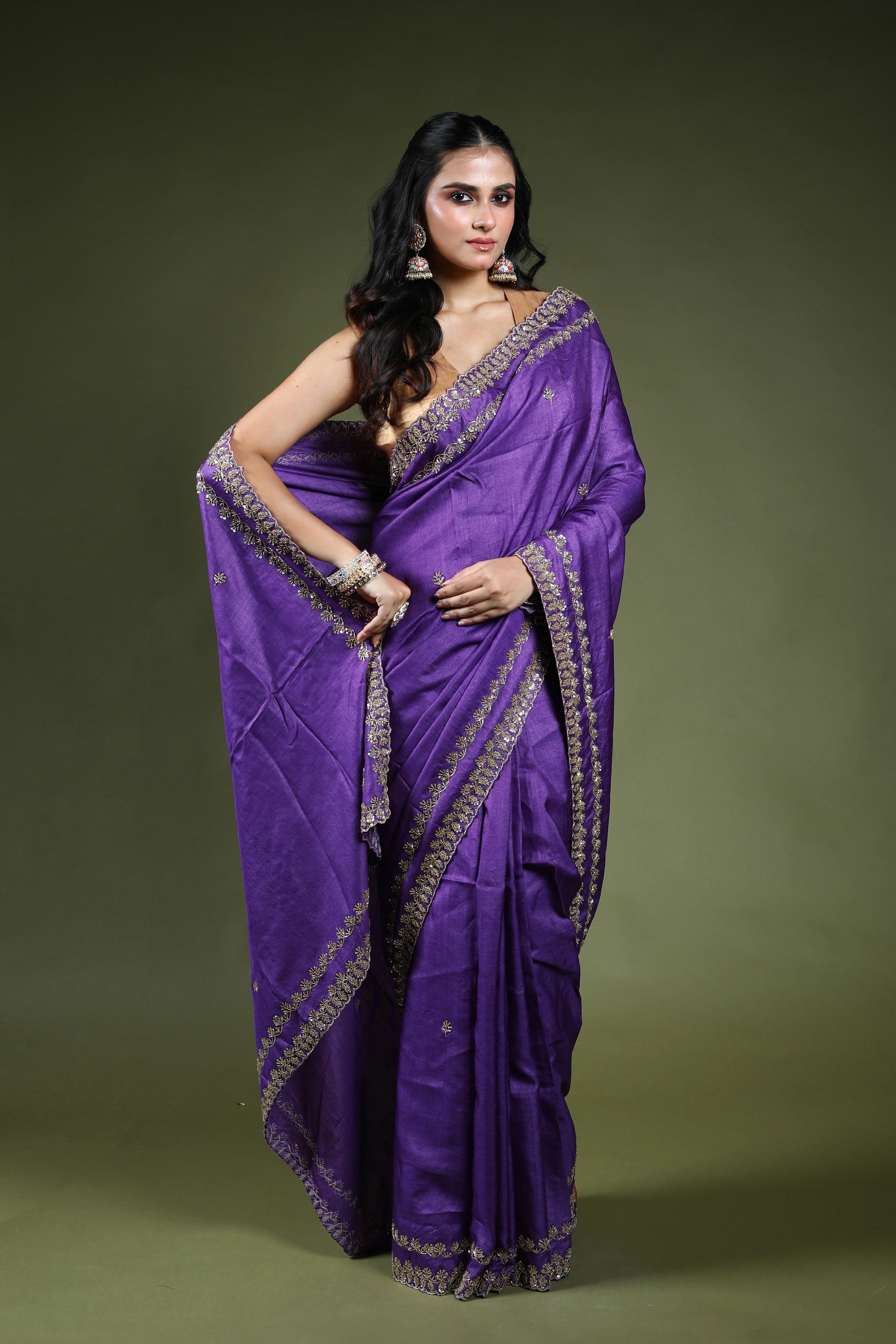Purple Tussar Zardosi Work Saree With Blouse Piece