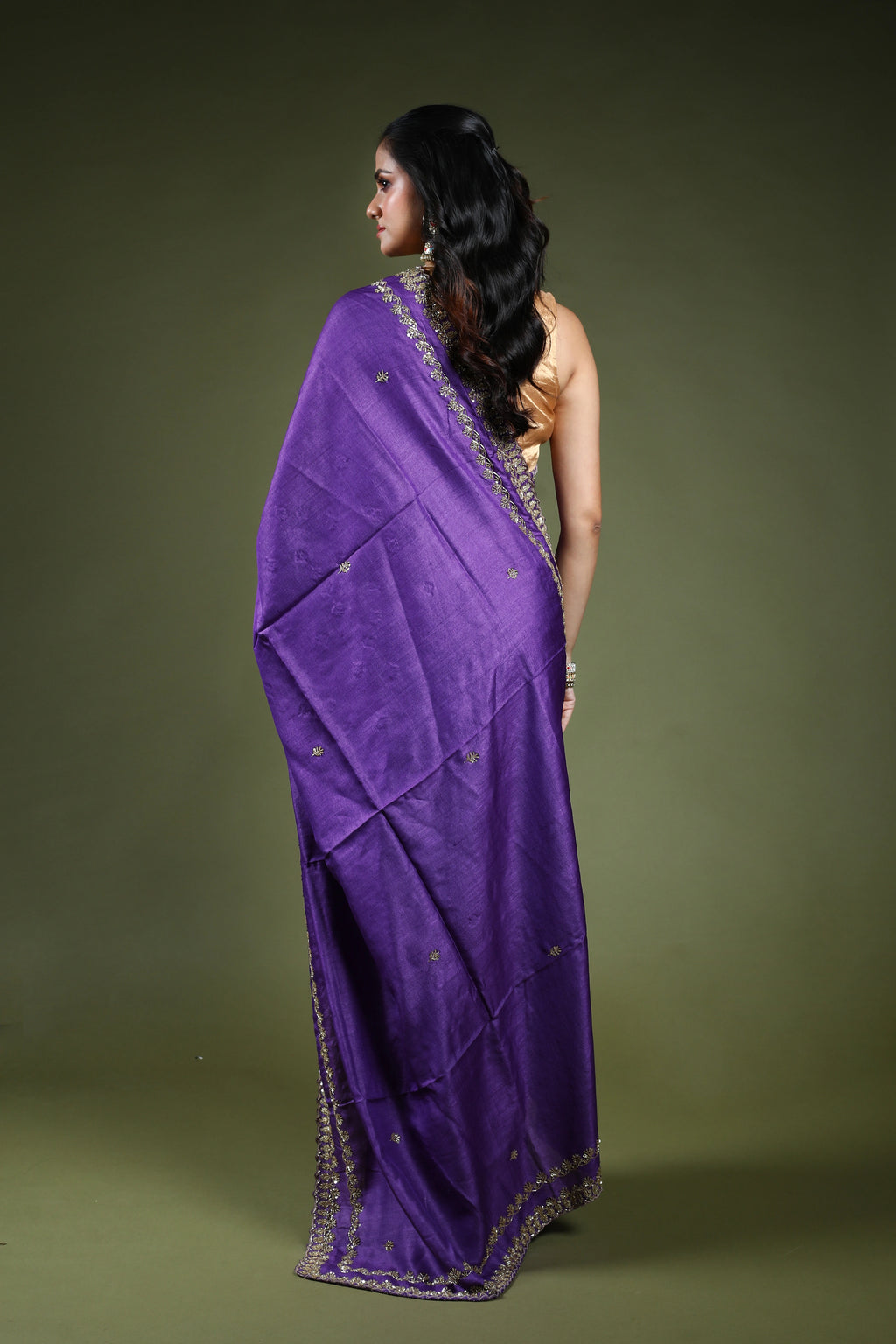 Purple Tussar Zardosi Work Saree With Blouse Piece