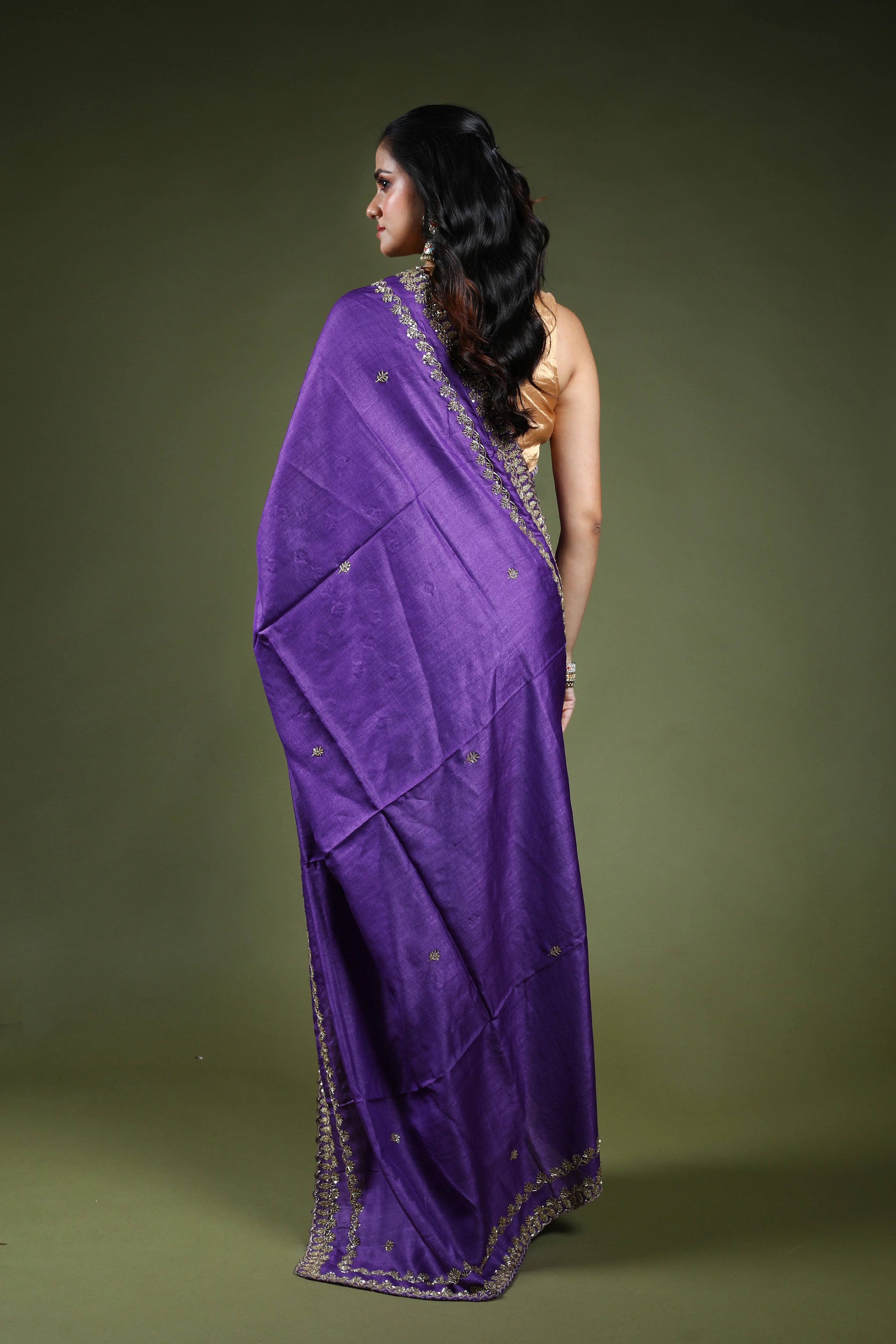 Purple Tussar Zardosi Work Saree With Blouse Piece