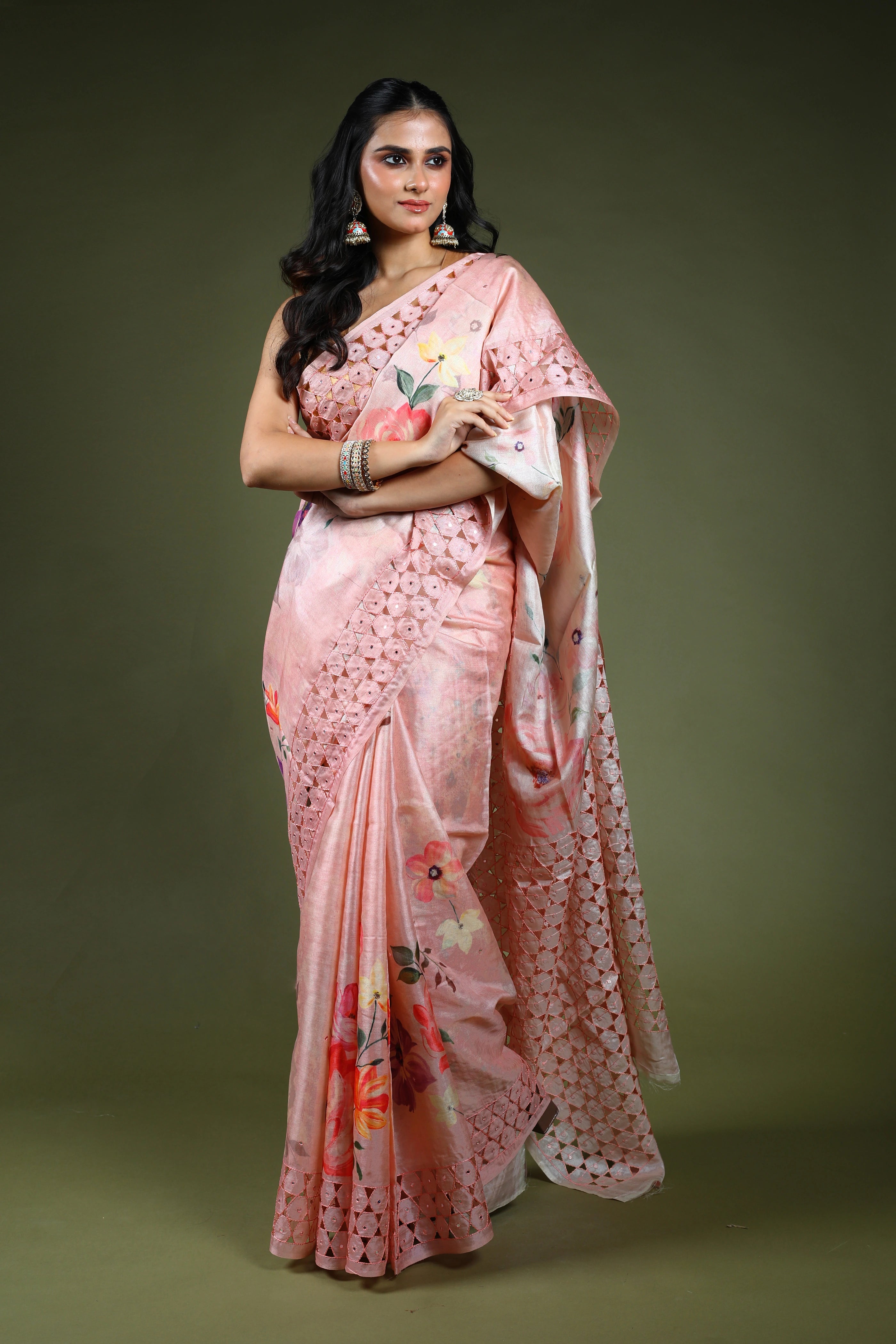 Powder Pink Tussar Digital Print Cutwork Saree With Blouse Piece