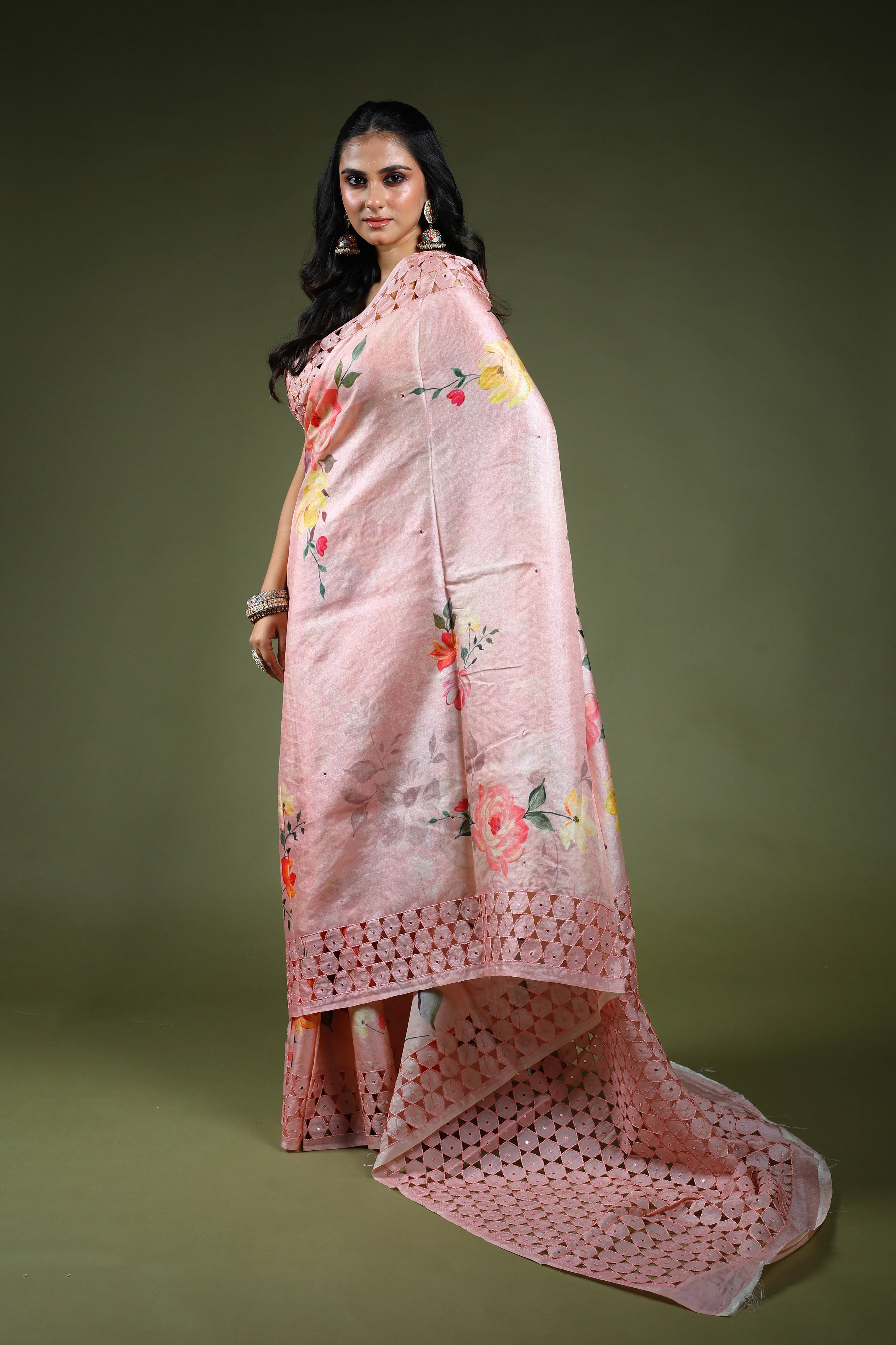 Powder Pink Tussar Digital Print Cutwork Saree With Blouse Piece