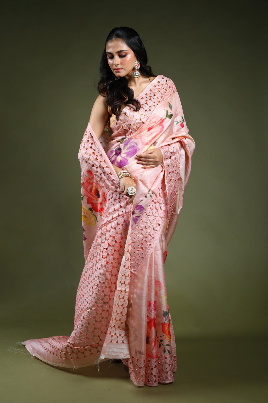 Powder Pink Tussar Digital Print Cutwork Saree With Blouse Piece