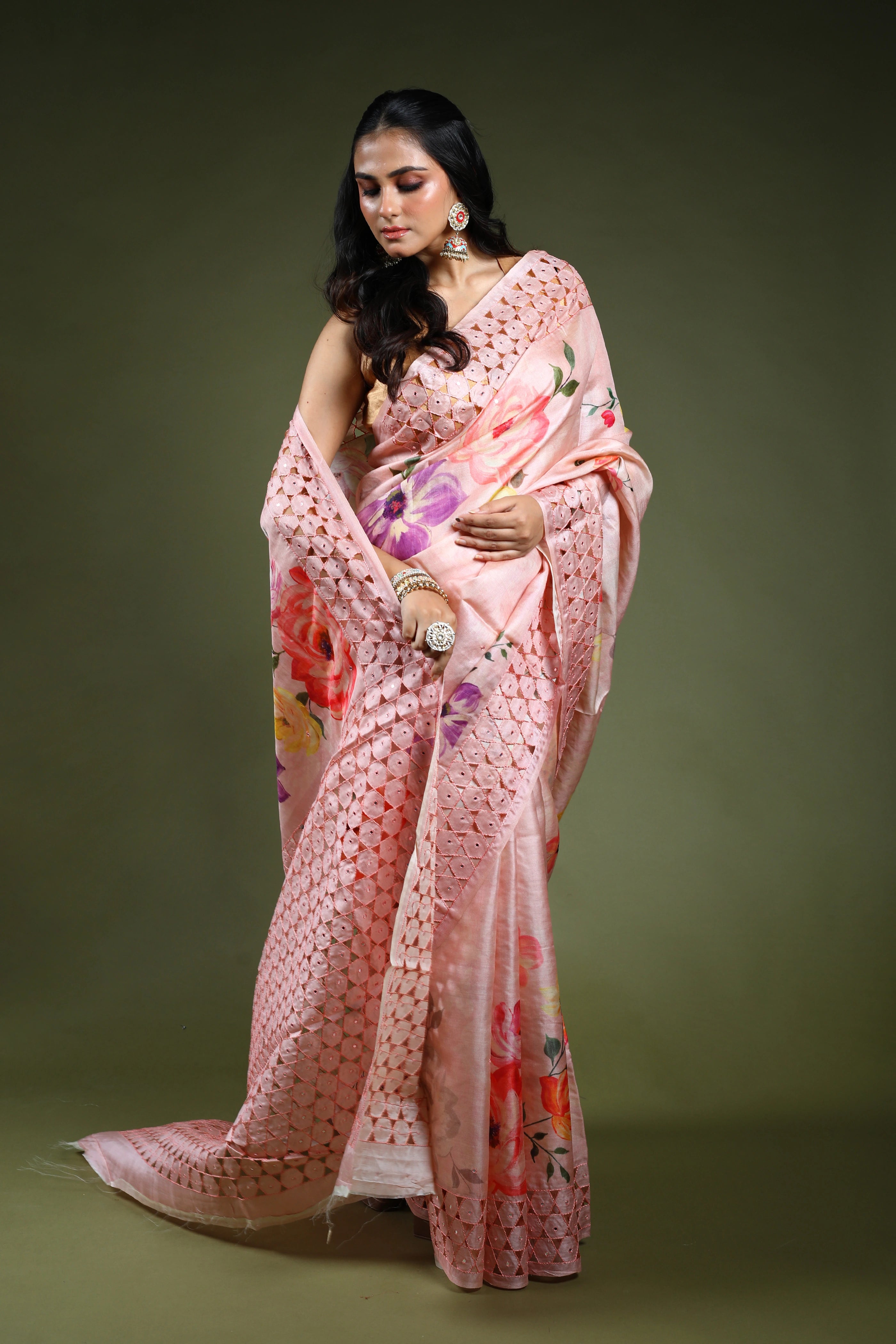 Powder Pink Tussar Digital Print Cutwork Saree With Blouse Piece