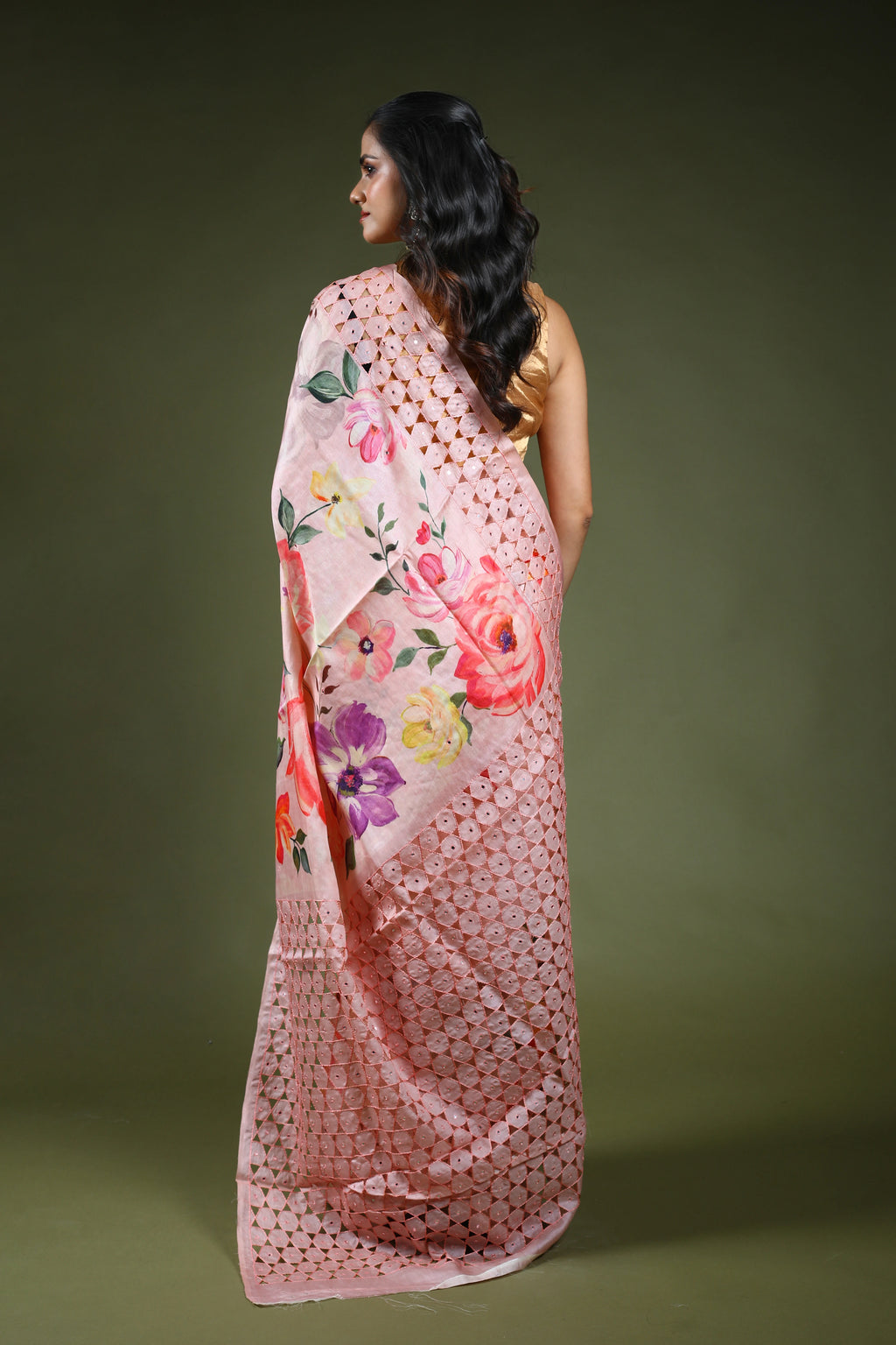 Powder Pink Tussar Digital Print Cutwork Saree With Blouse Piece