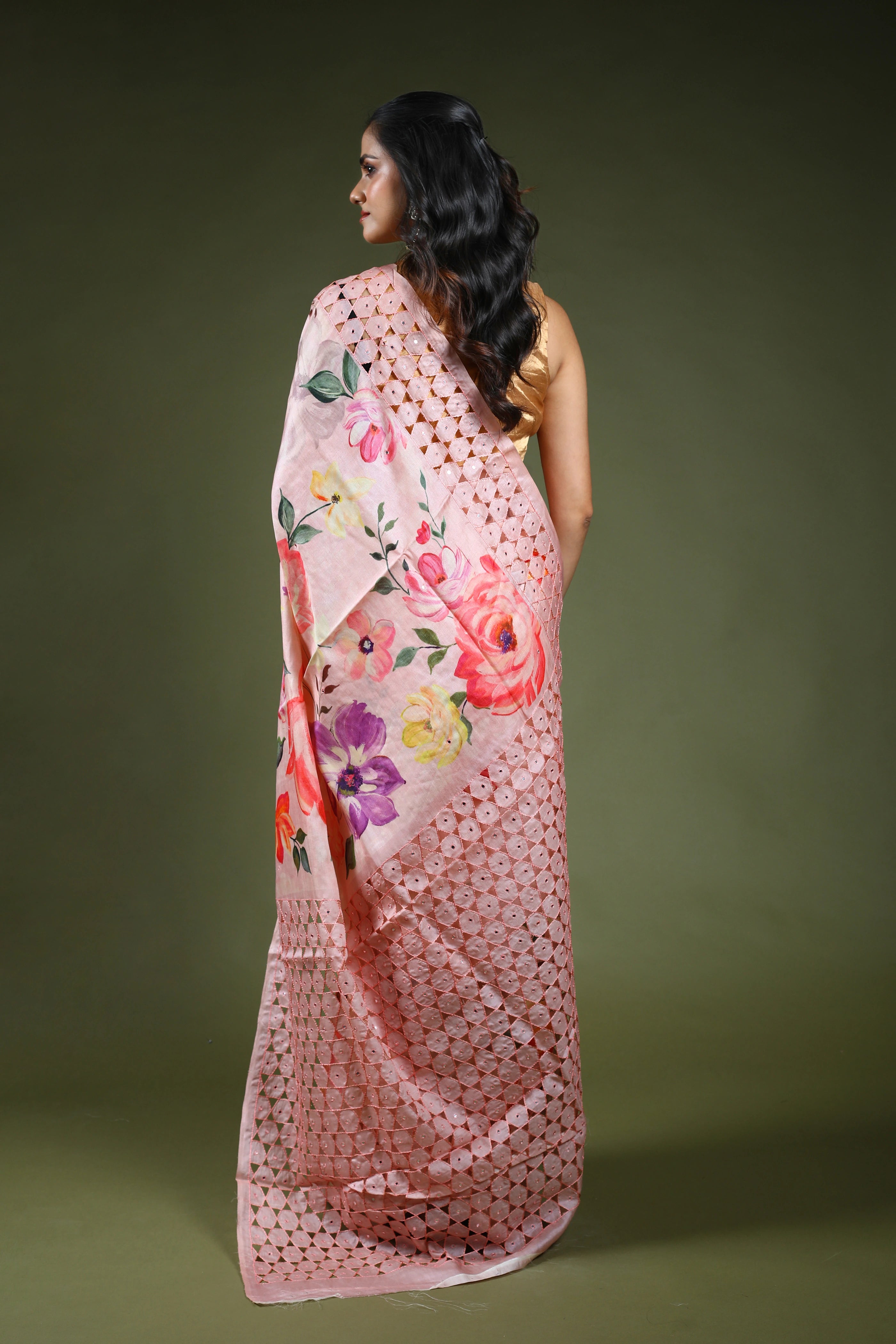 Powder Pink Tussar Digital Print Cutwork Saree With Blouse Piece