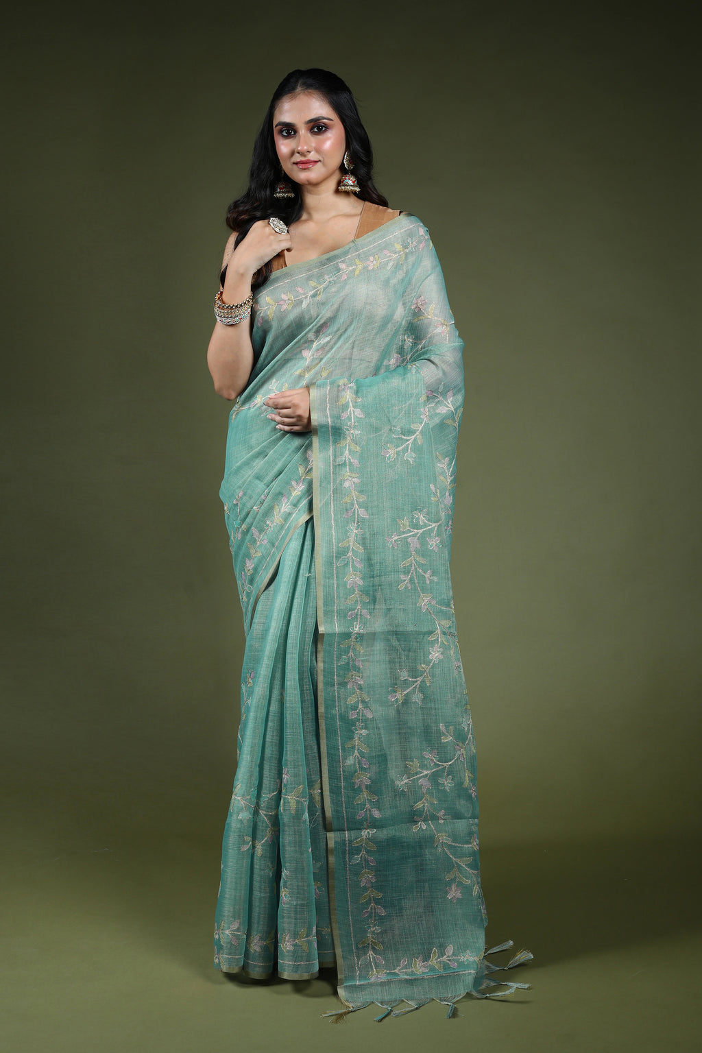 Dusty Sea Green Tissue Linen Saree With Blouse Piece