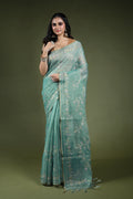 Dusty Sea Green Tissue Linen Saree With Blouse Piece