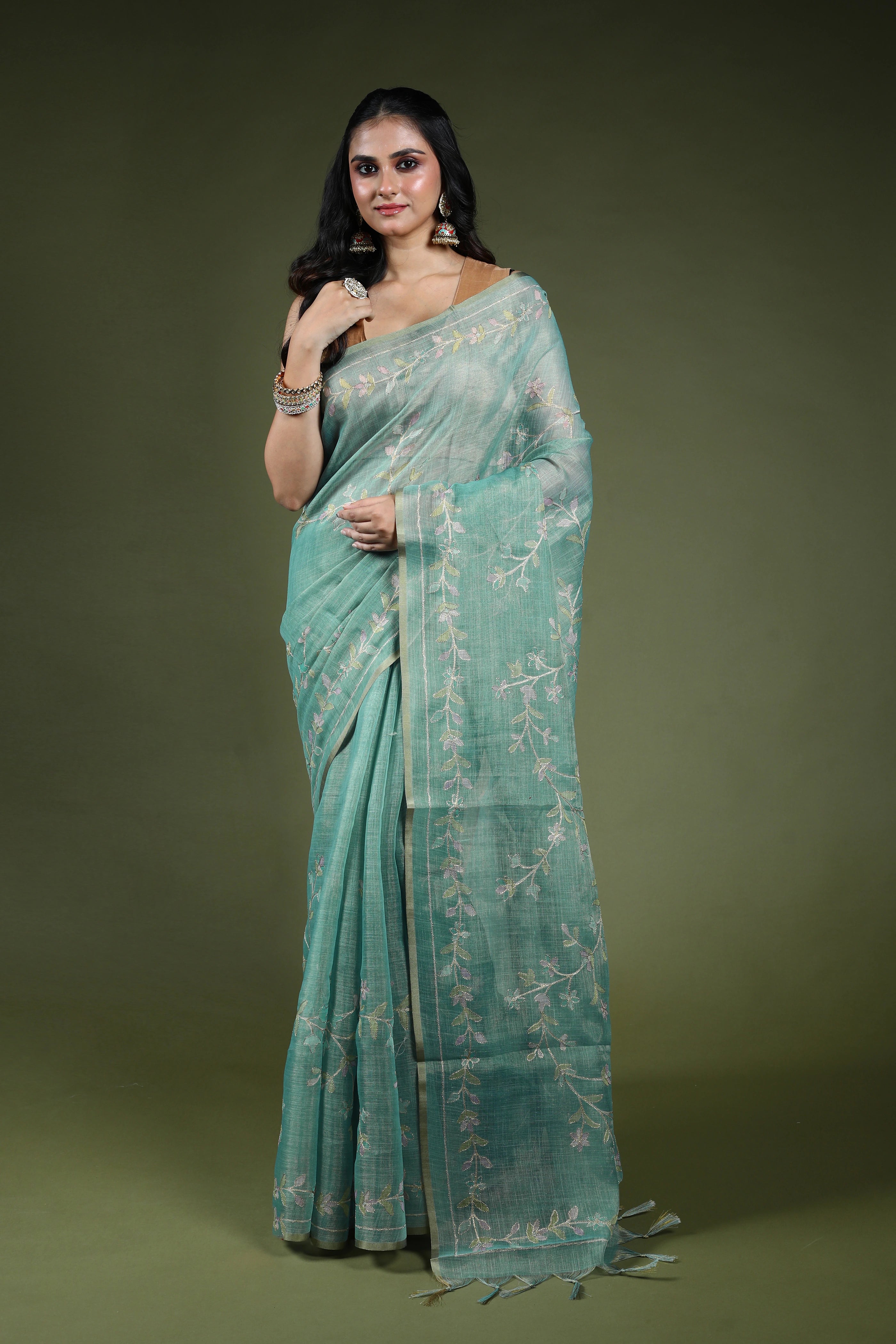 Dusty Sea Green Tissue Linen Saree With Blouse Piece