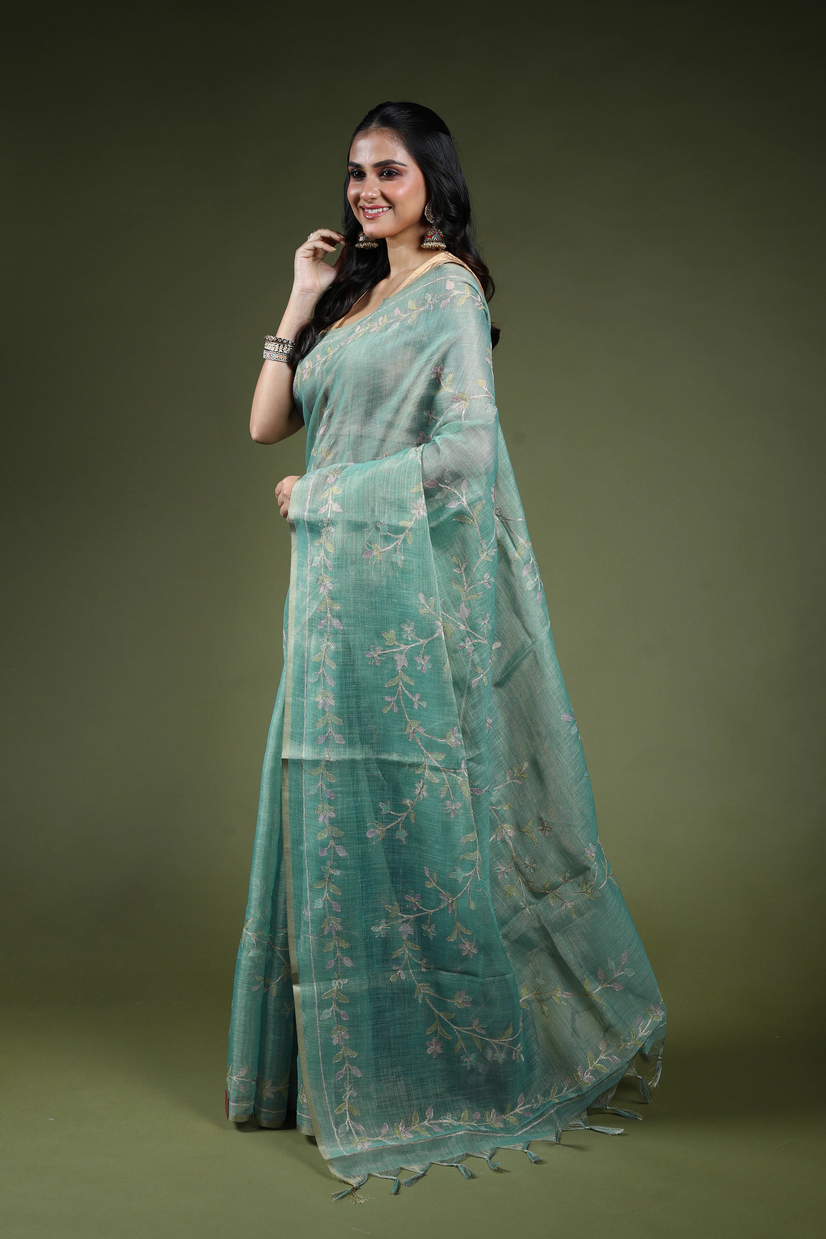 Dusty Sea Green Tissue Linen Saree With Blouse Piece