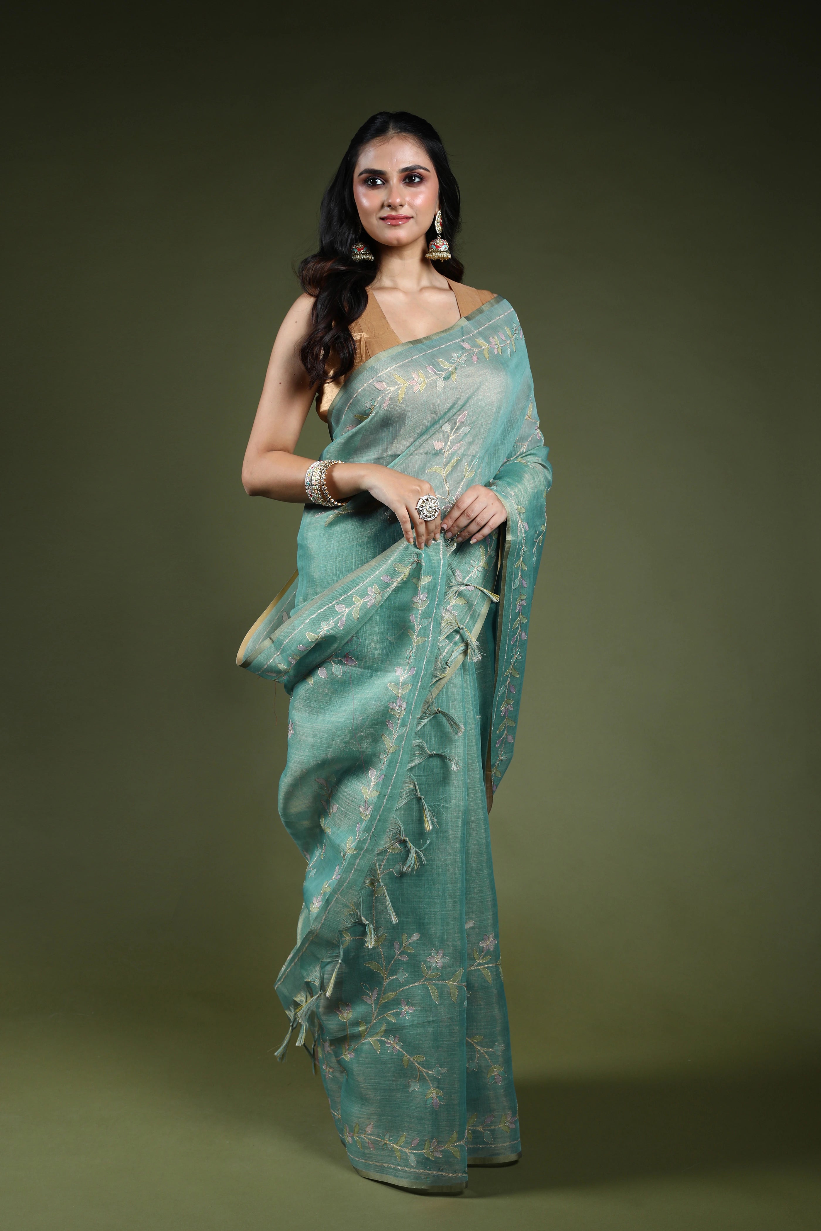Dusty Sea Green Tissue Linen Saree With Blouse Piece