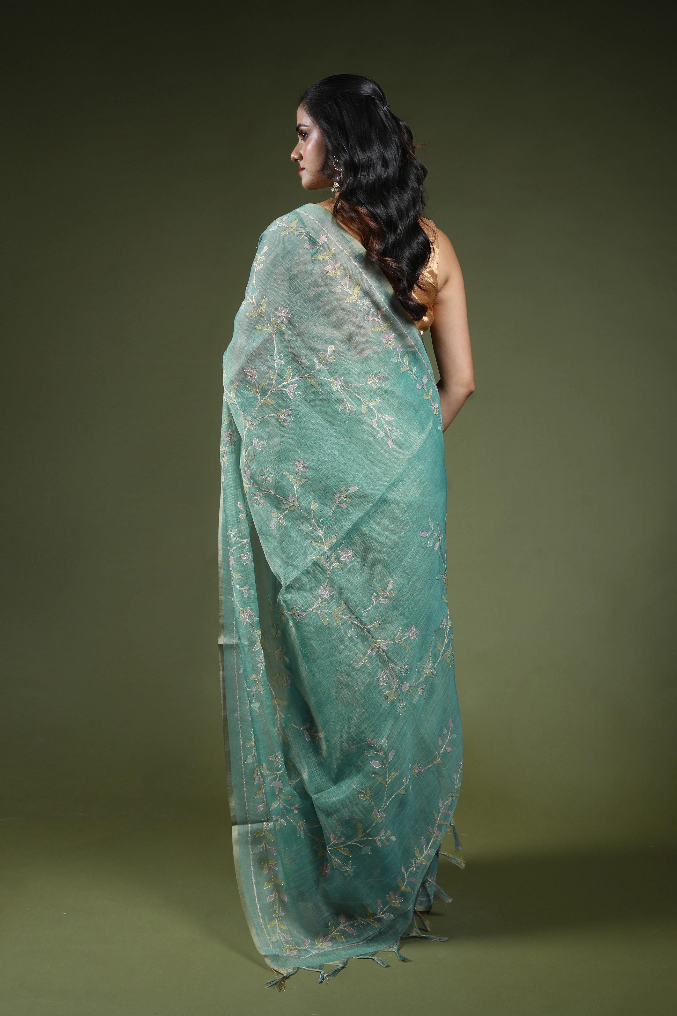 Dusty Sea Green Tissue Linen Saree With Blouse Piece
