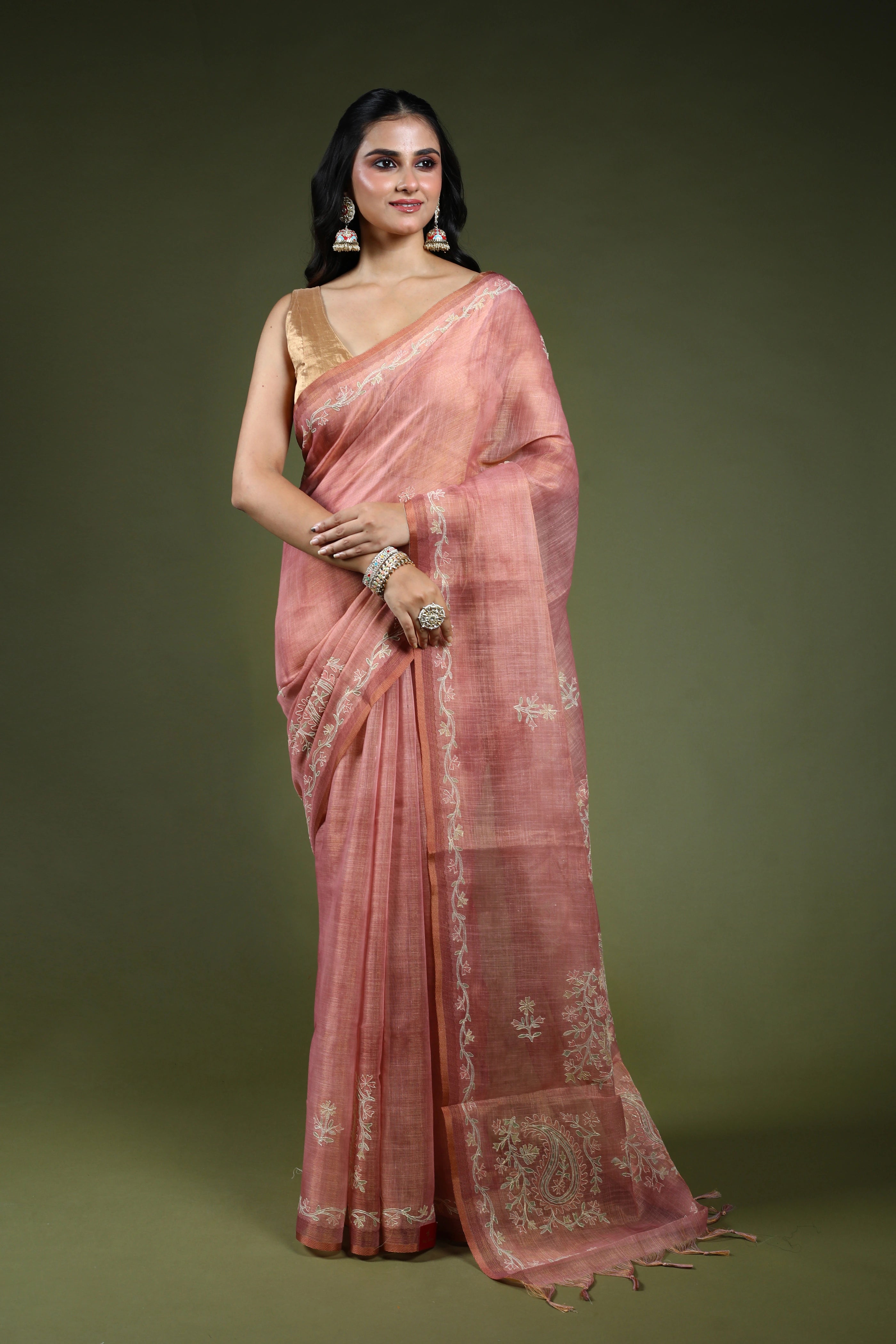 Dusty Pink Tissue Linen Saree With Blouse Piece