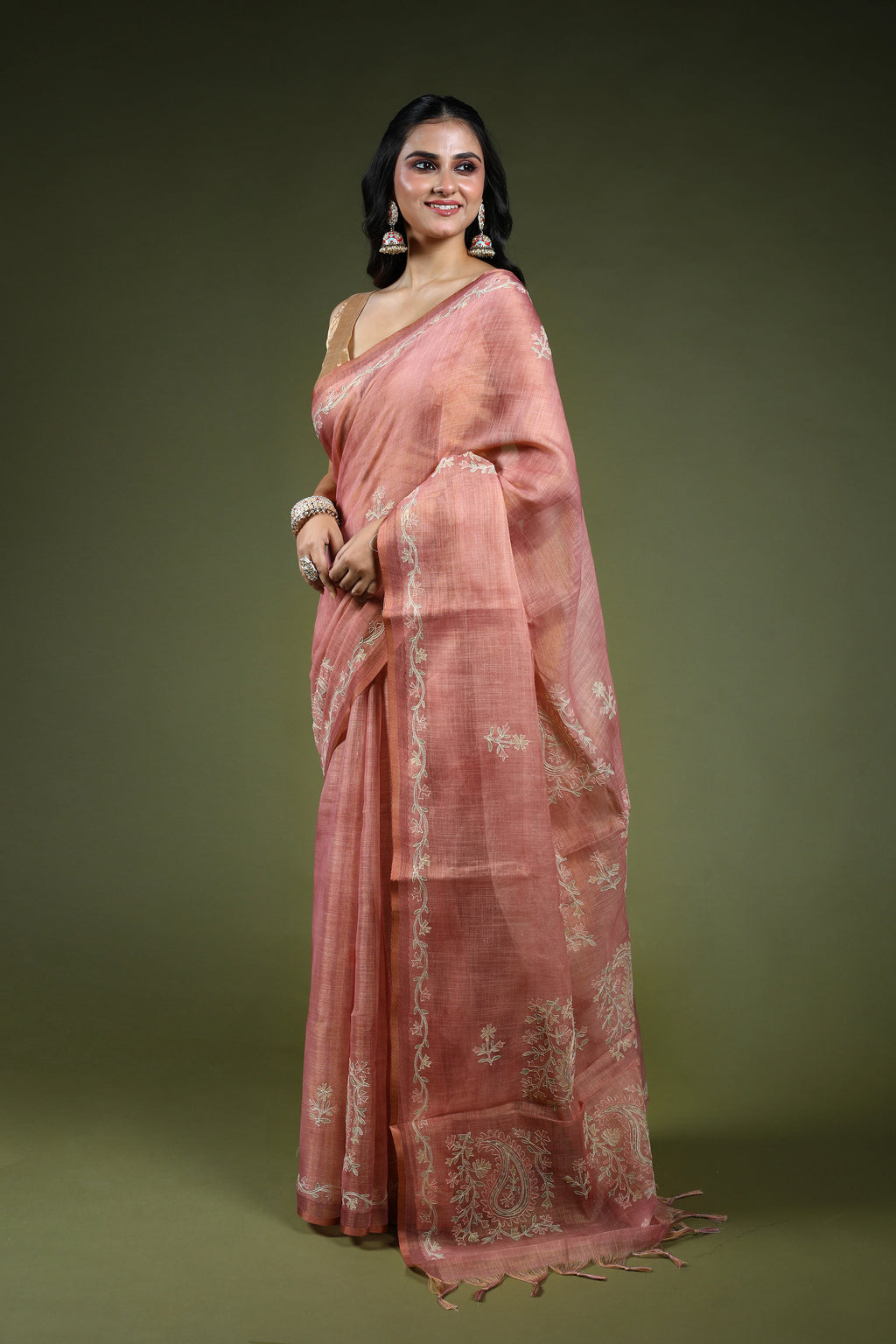 Dusty Pink Tissue Linen Saree With Blouse Piece
