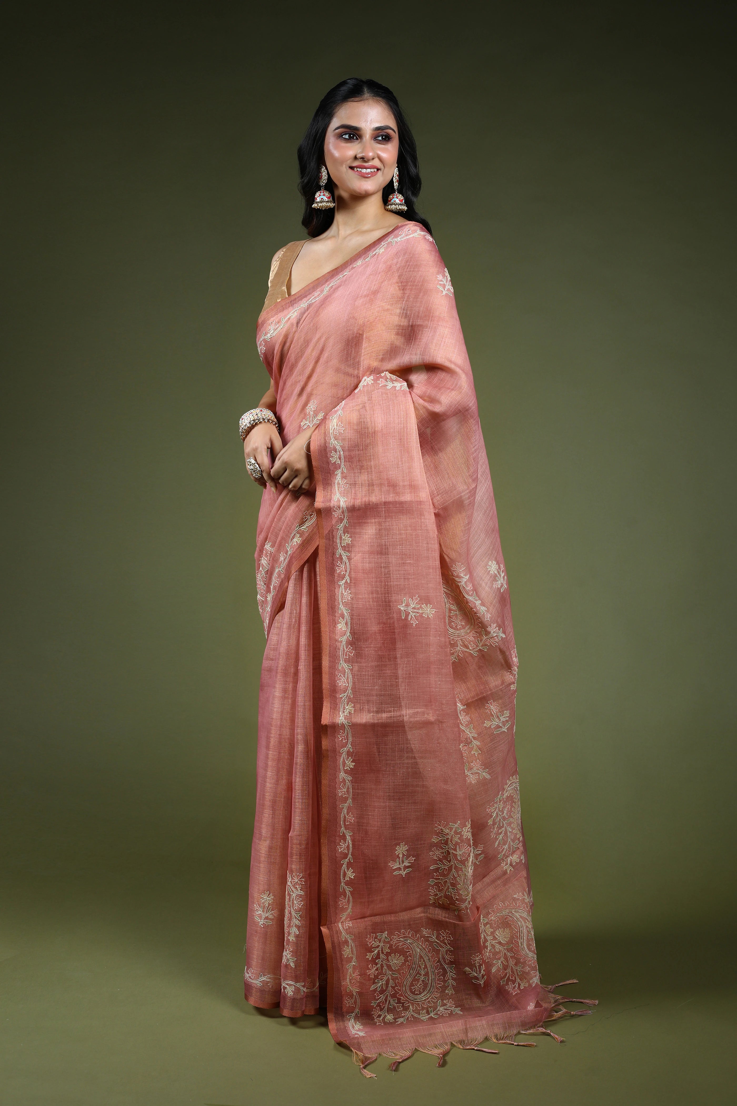Dusty Pink Tissue Linen Saree With Blouse Piece