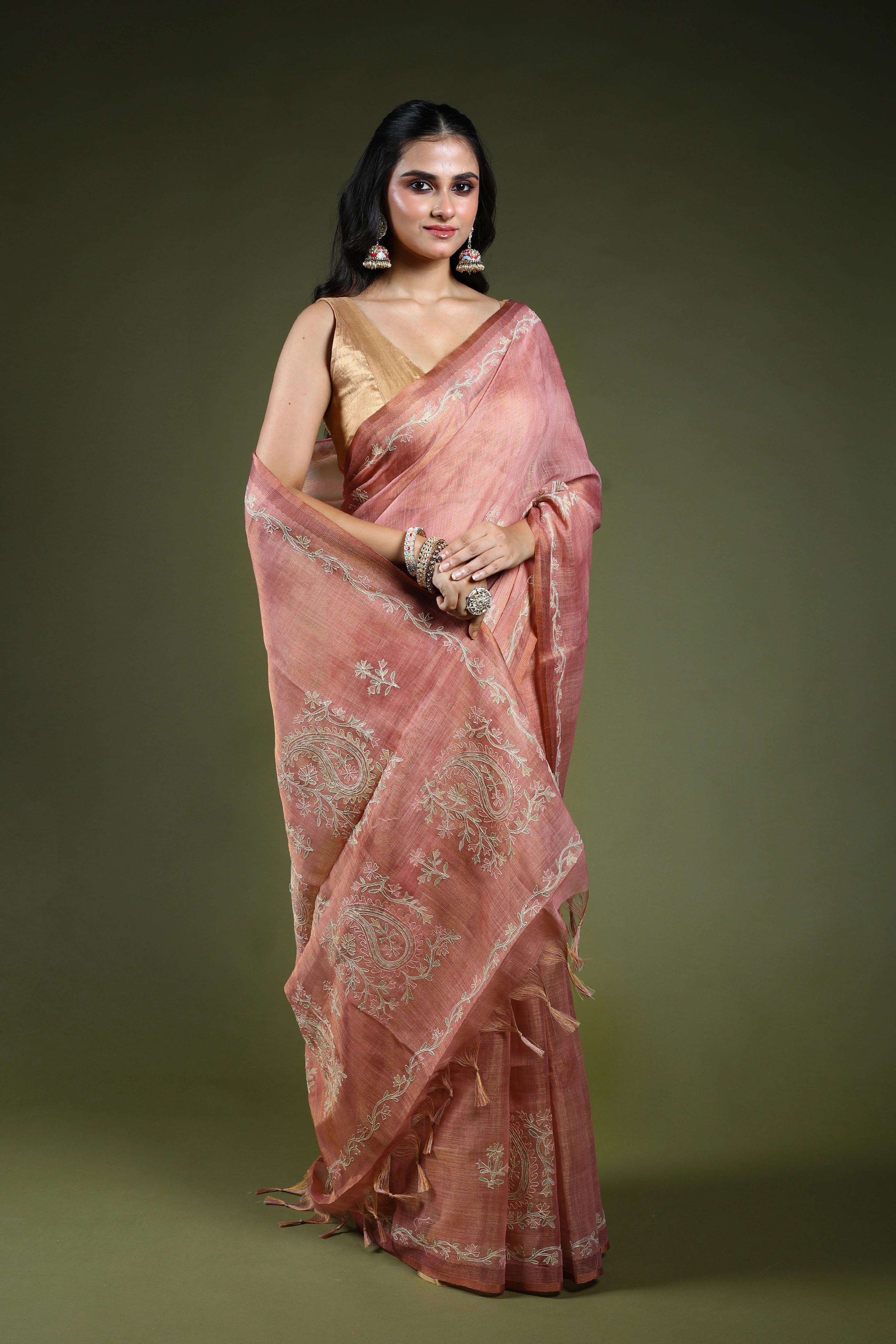 Dusty Pink Tissue Linen Saree With Blouse Piece