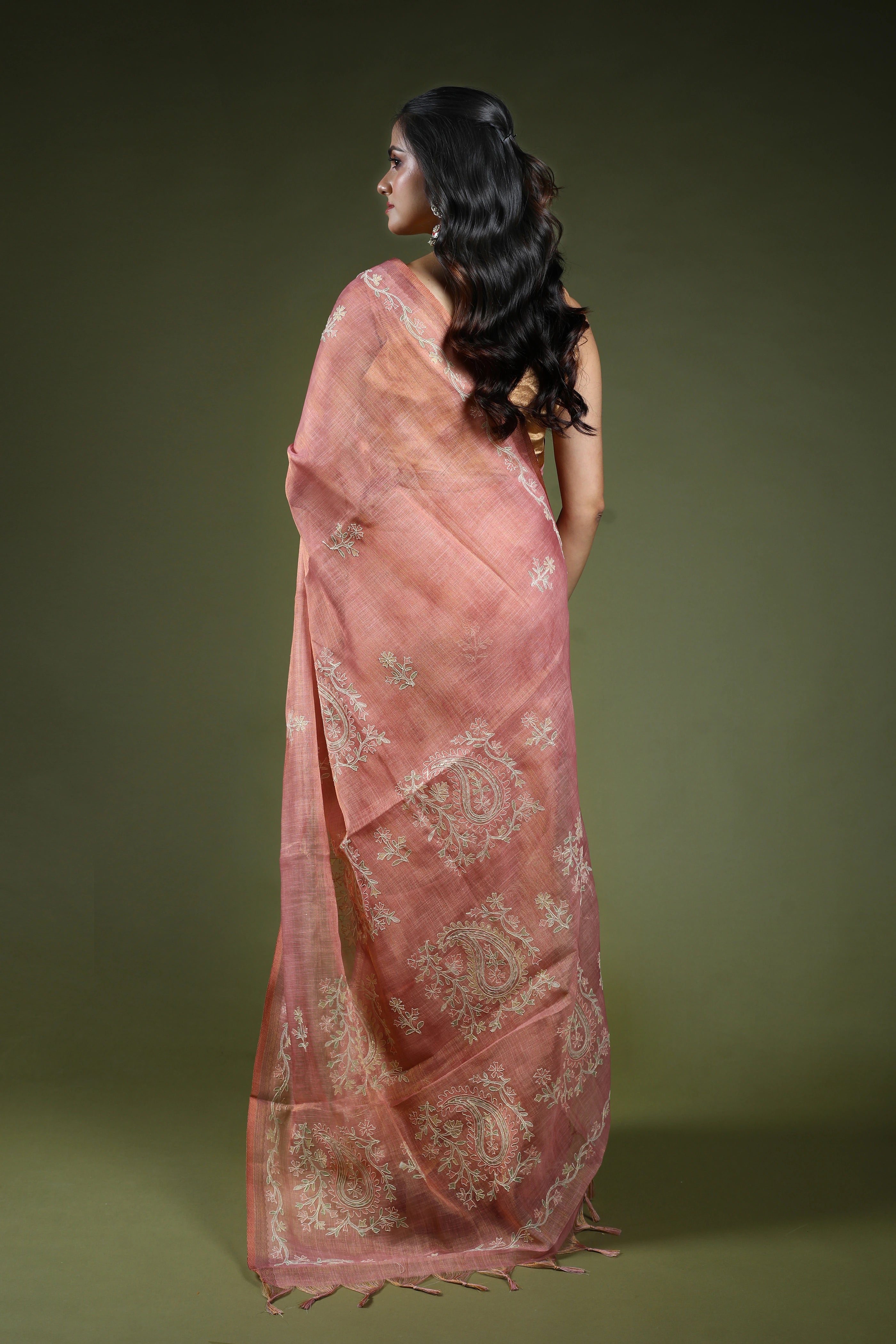 Dusty Pink Tissue Linen Saree With Blouse Piece