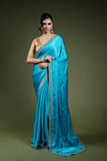 Turquoish Blue Crepe Satin Saree With Blouse Piece