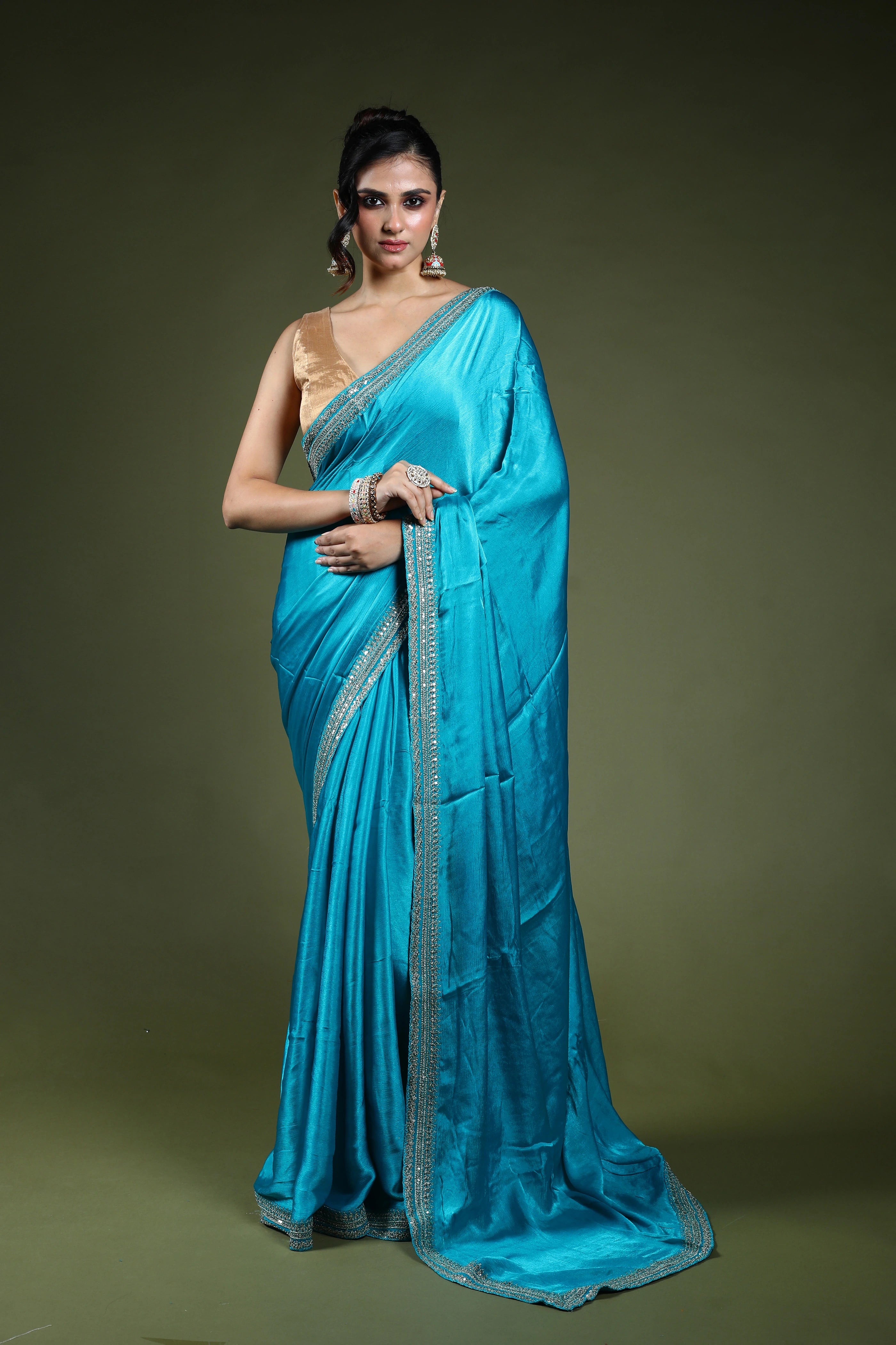 Turquoish Blue Crepe Satin Saree With Blouse Piece