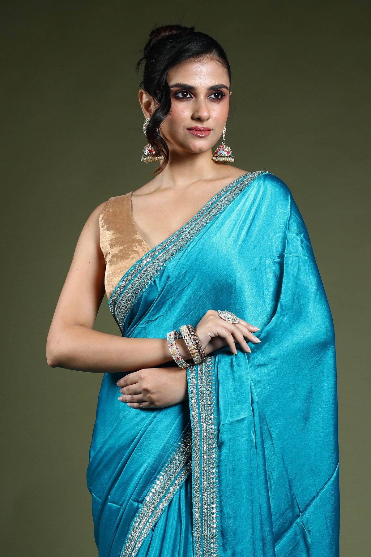 Turquoish Blue Crepe Satin Saree With Blouse Piece