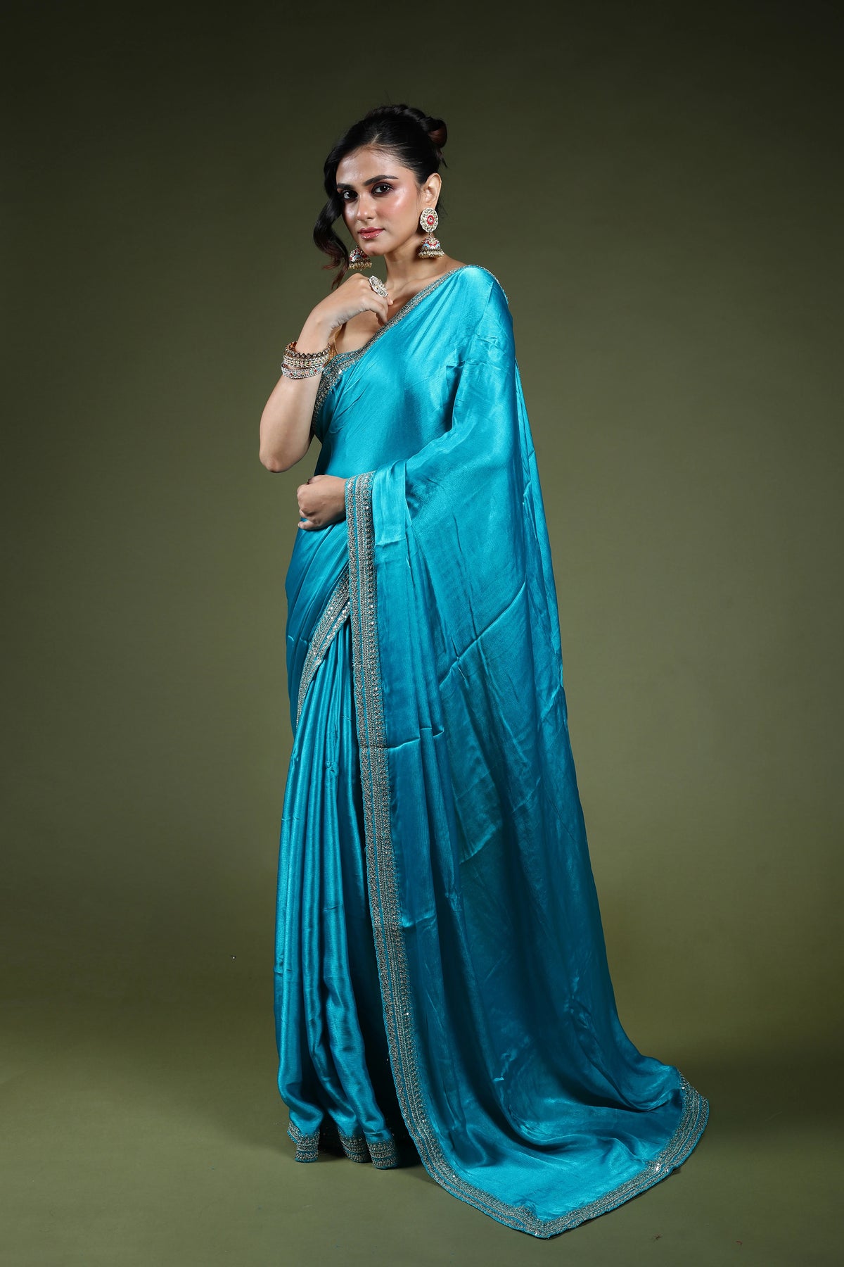Turquoish Blue Crepe Satin Saree With Blouse Piece