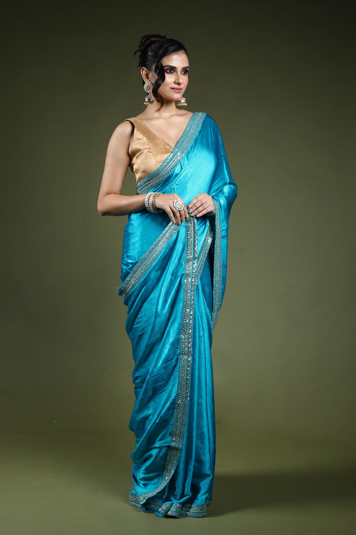 Turquoish Blue Crepe Satin Saree With Blouse Piece