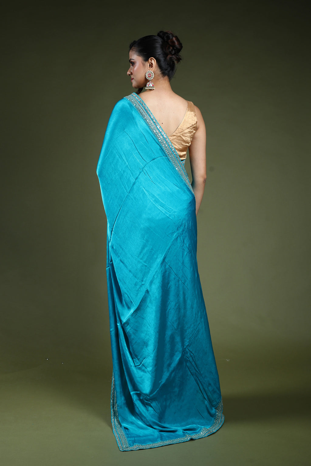 Turquoish Blue Crepe Satin Saree With Blouse Piece