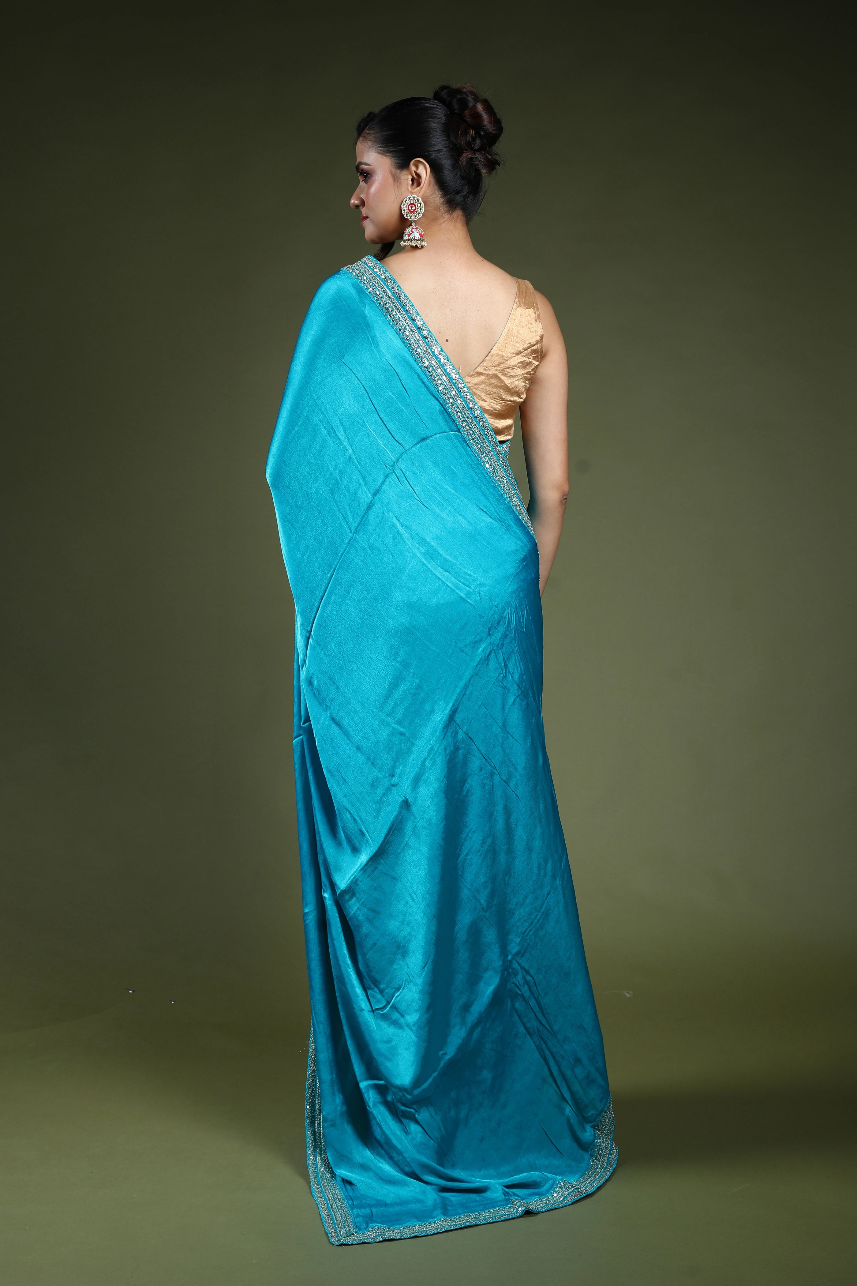 Turquoish Blue Crepe Satin Saree With Blouse Piece
