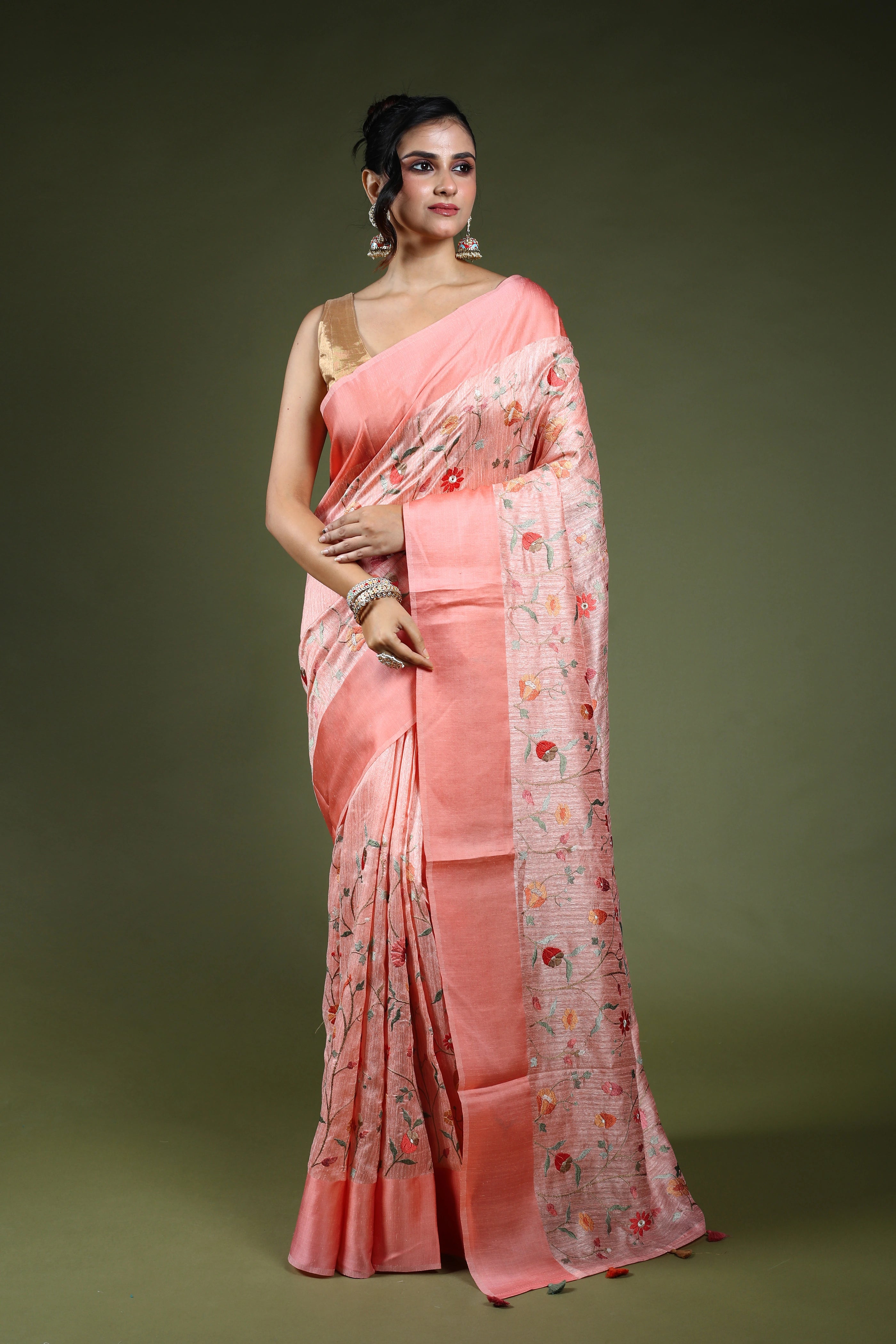 Baby Pink Semi Raw Silk Saree With Blouse Piece
