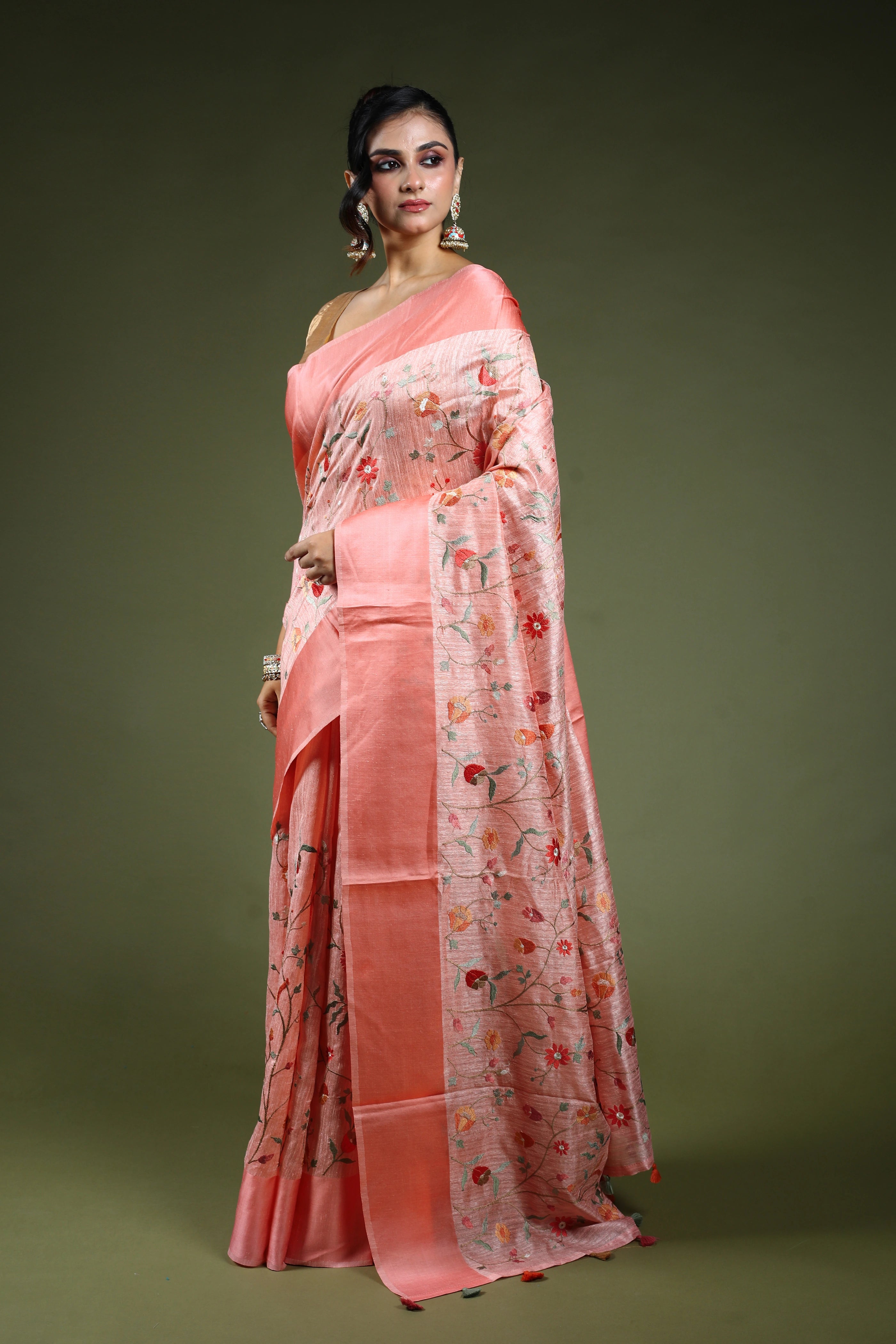 Baby Pink Semi Raw Silk Saree With Blouse Piece