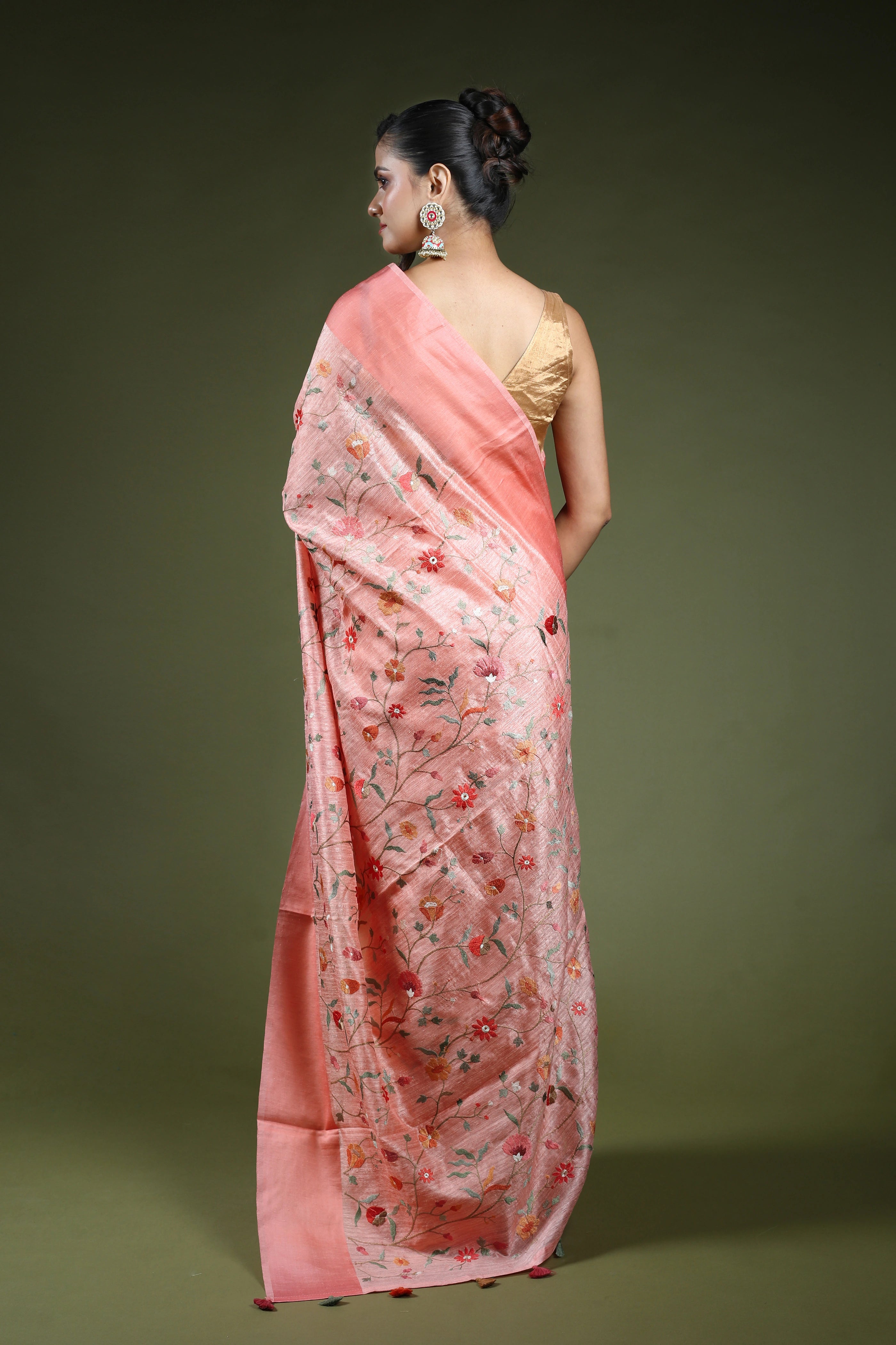 Baby Pink Semi Raw Silk Saree With Blouse Piece