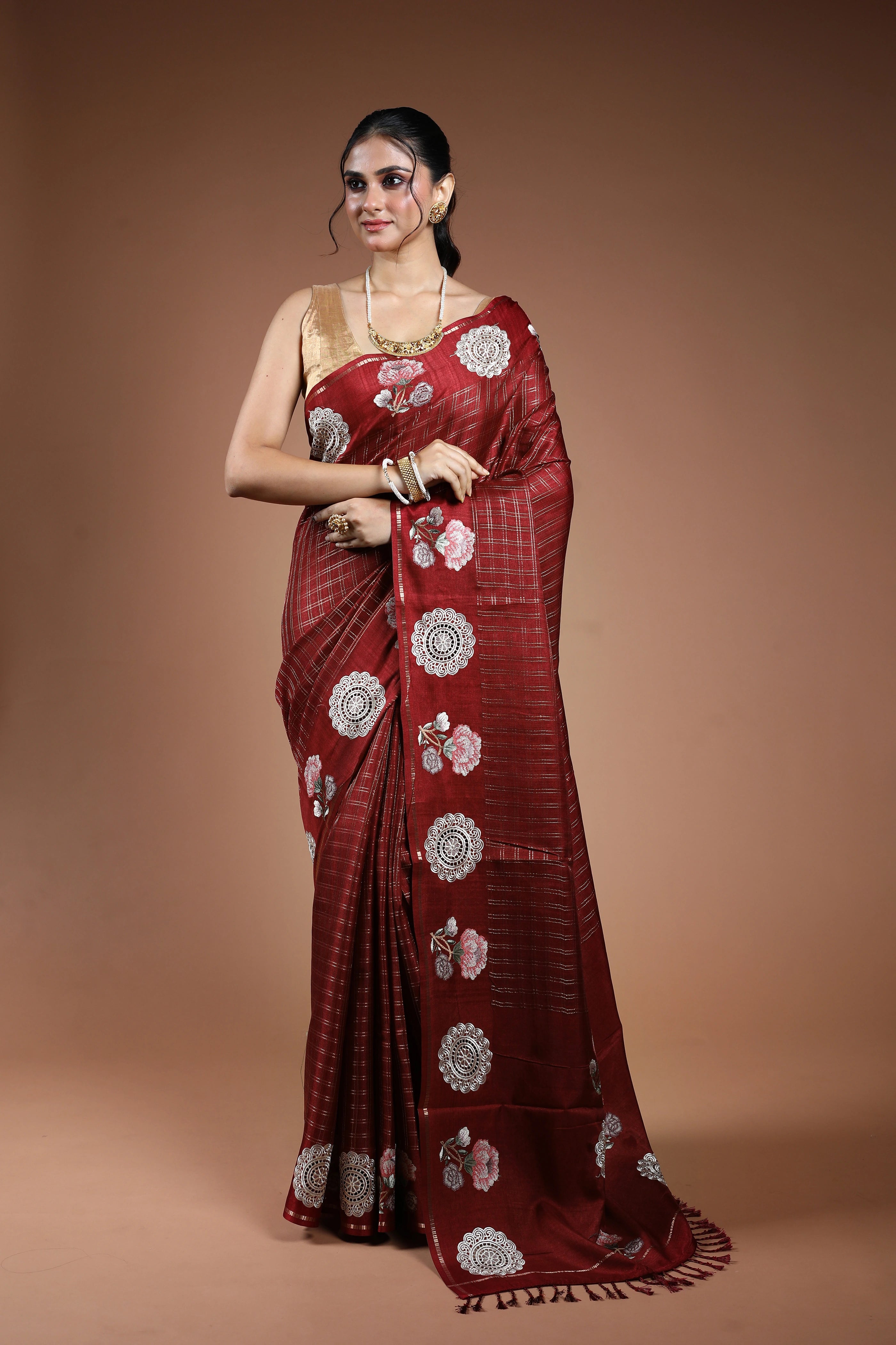 Maroon Semi Tussar Saree With Blouse Piece