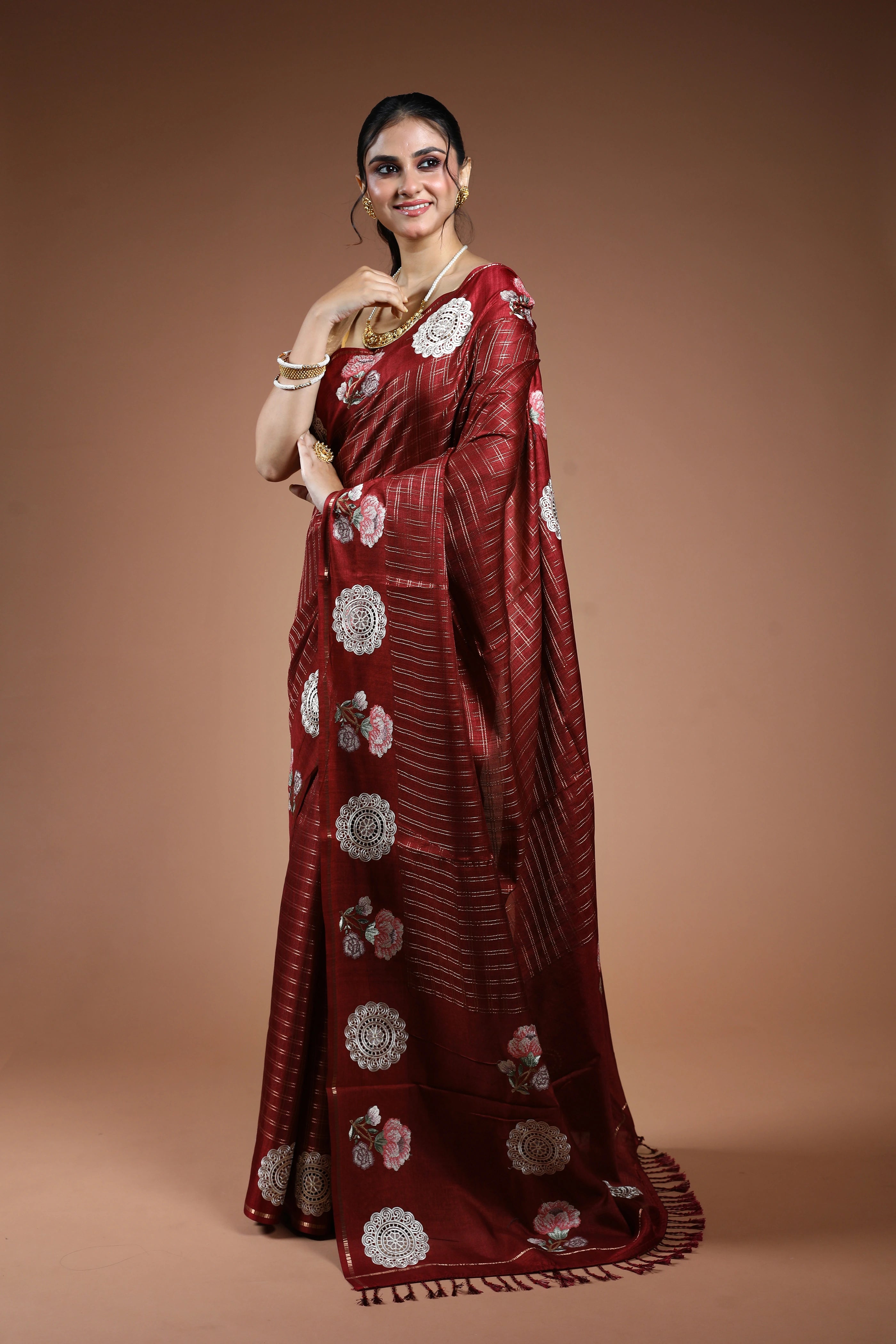 Maroon Semi Tussar Saree With Blouse Piece