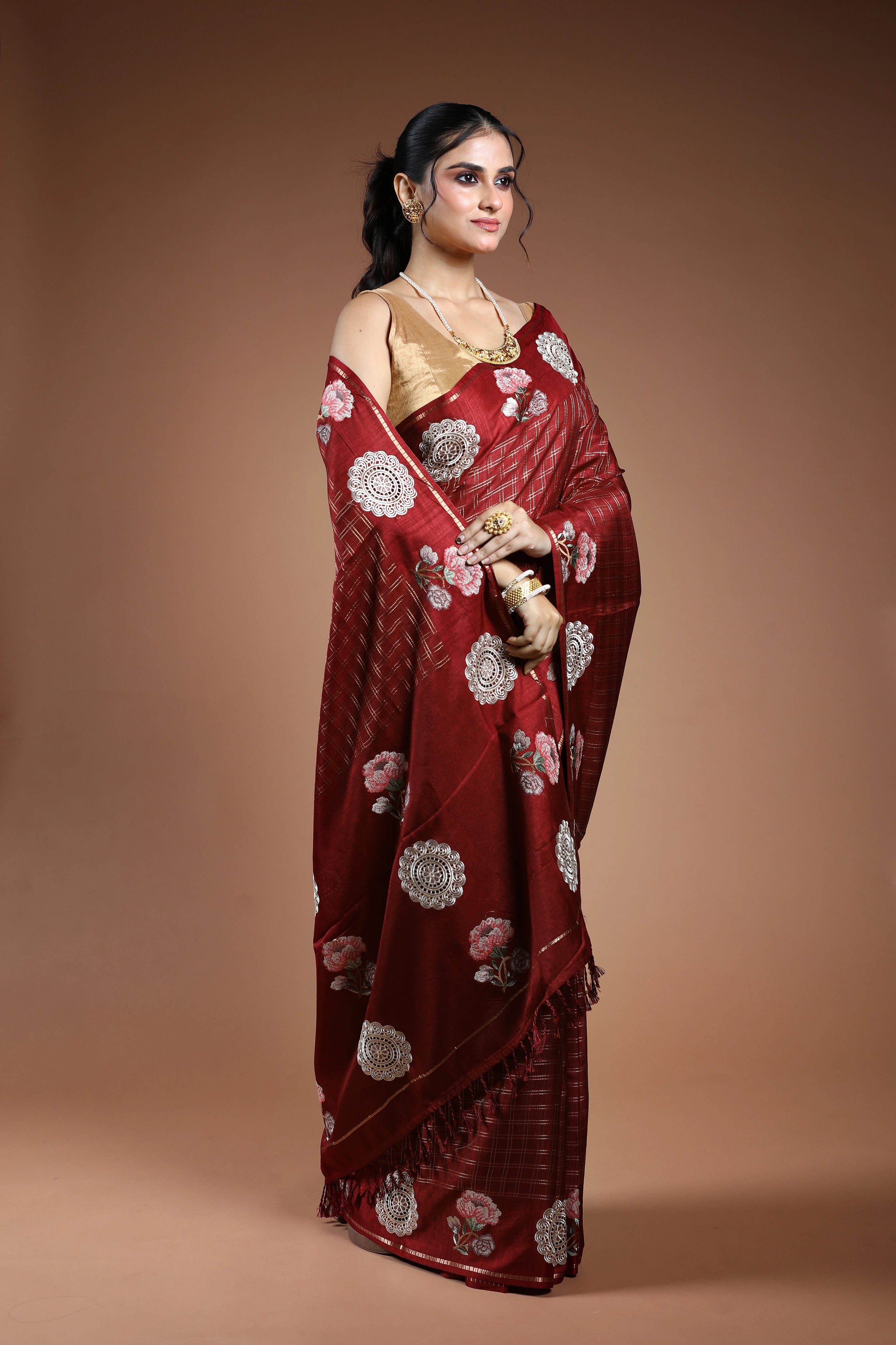 Maroon Semi Tussar Saree With Blouse Piece