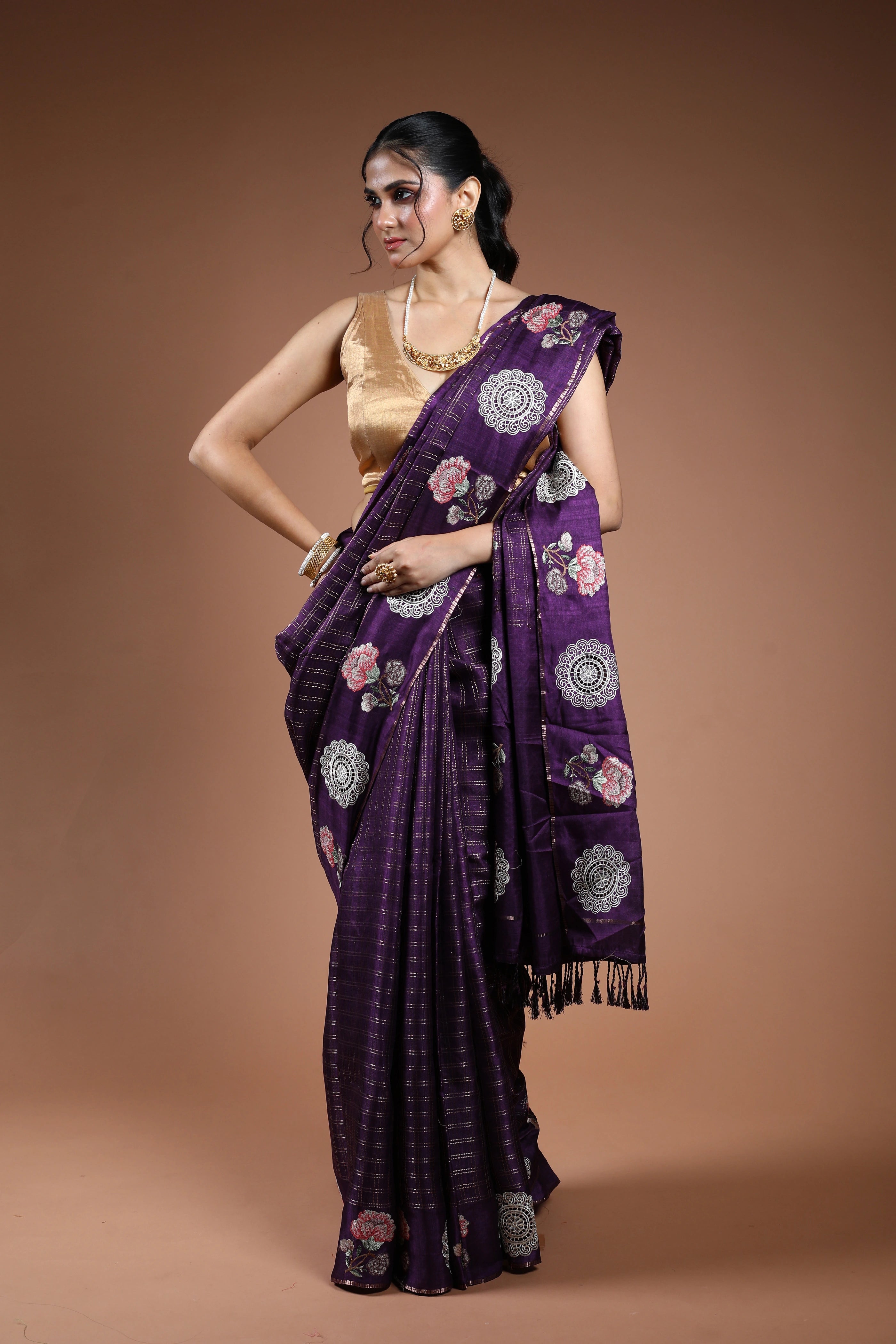 Purple Semi Tussar Saree With Blouse Piece