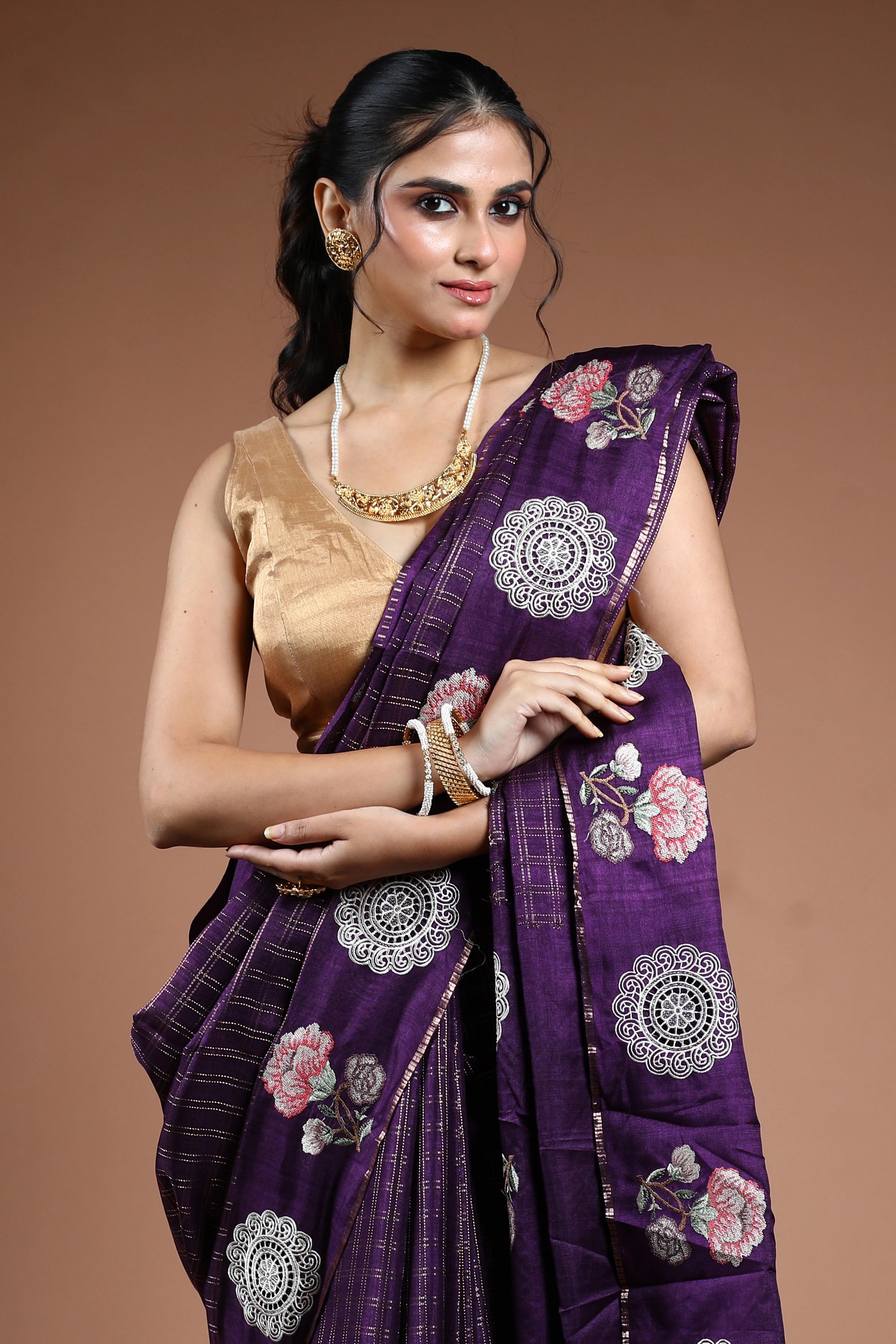 Purple Semi Tussar Saree With Blouse Piece