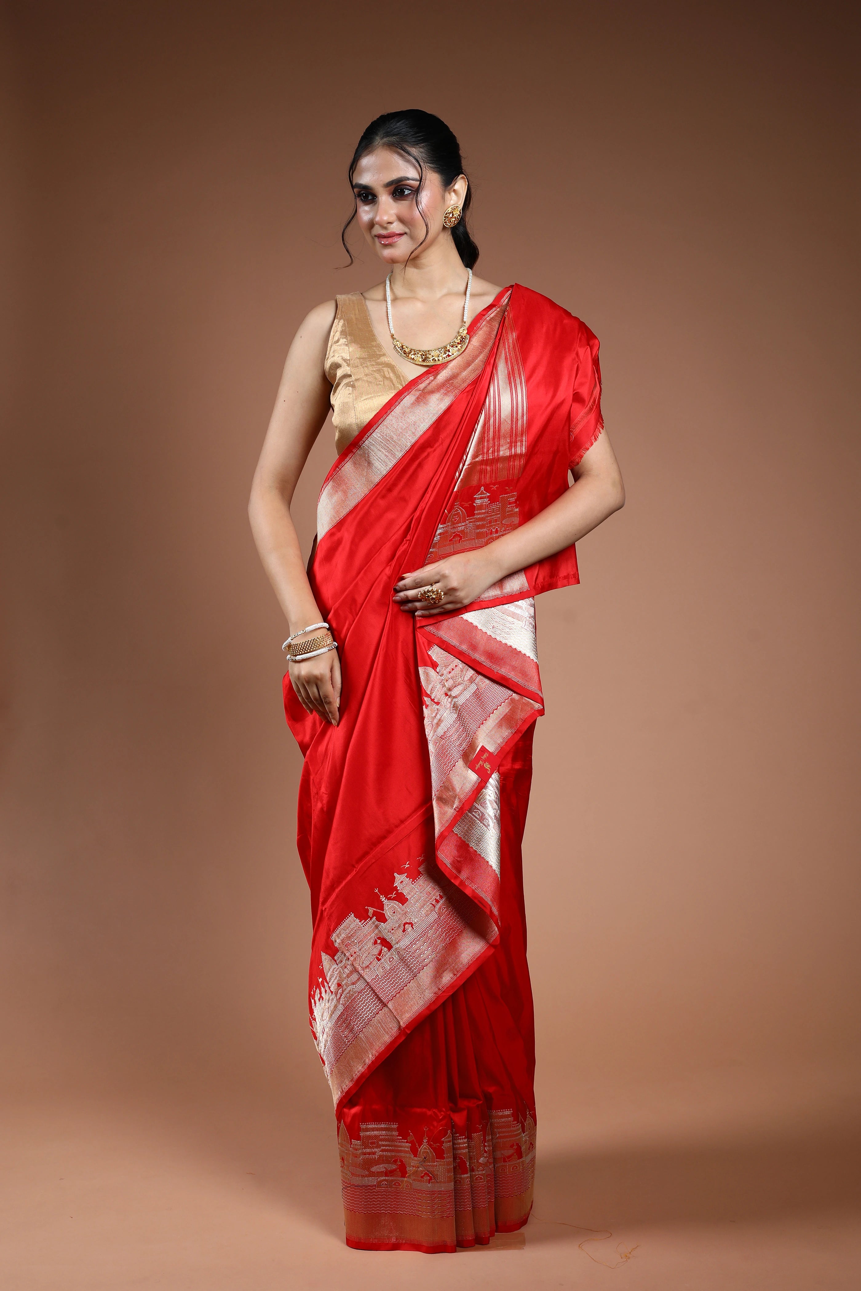 Tomato Red Pure Ghat Katan Silk Saree With Blouse Piece