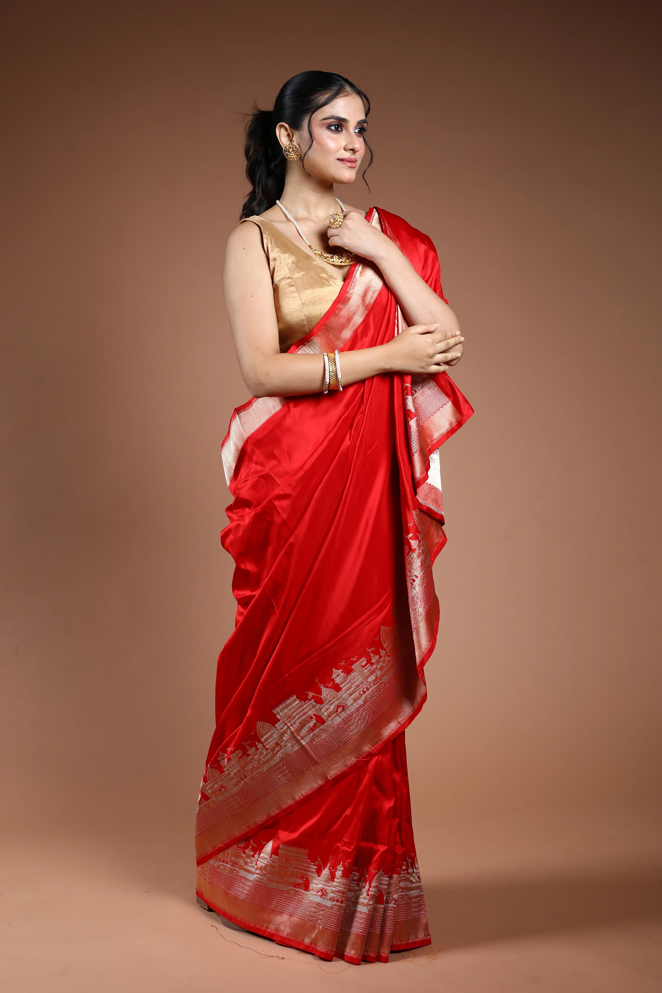 Tomato Red Pure Ghat Katan Silk Saree With Blouse Piece