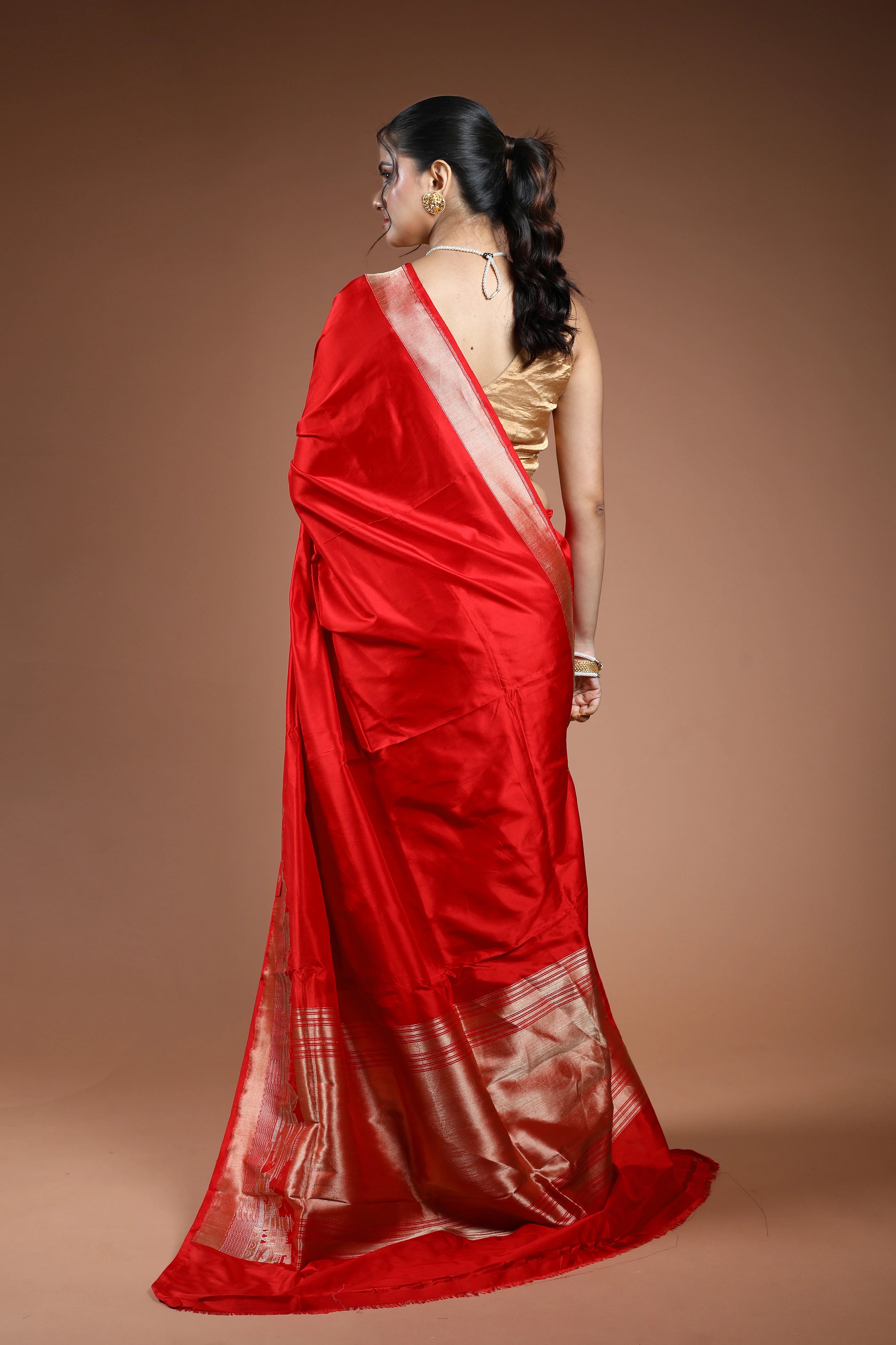 Tomato Red Pure Ghat Katan Silk Saree With Blouse Piece