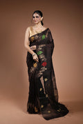 Charcole Brown Muslin Matka Saree With Blouse Piece