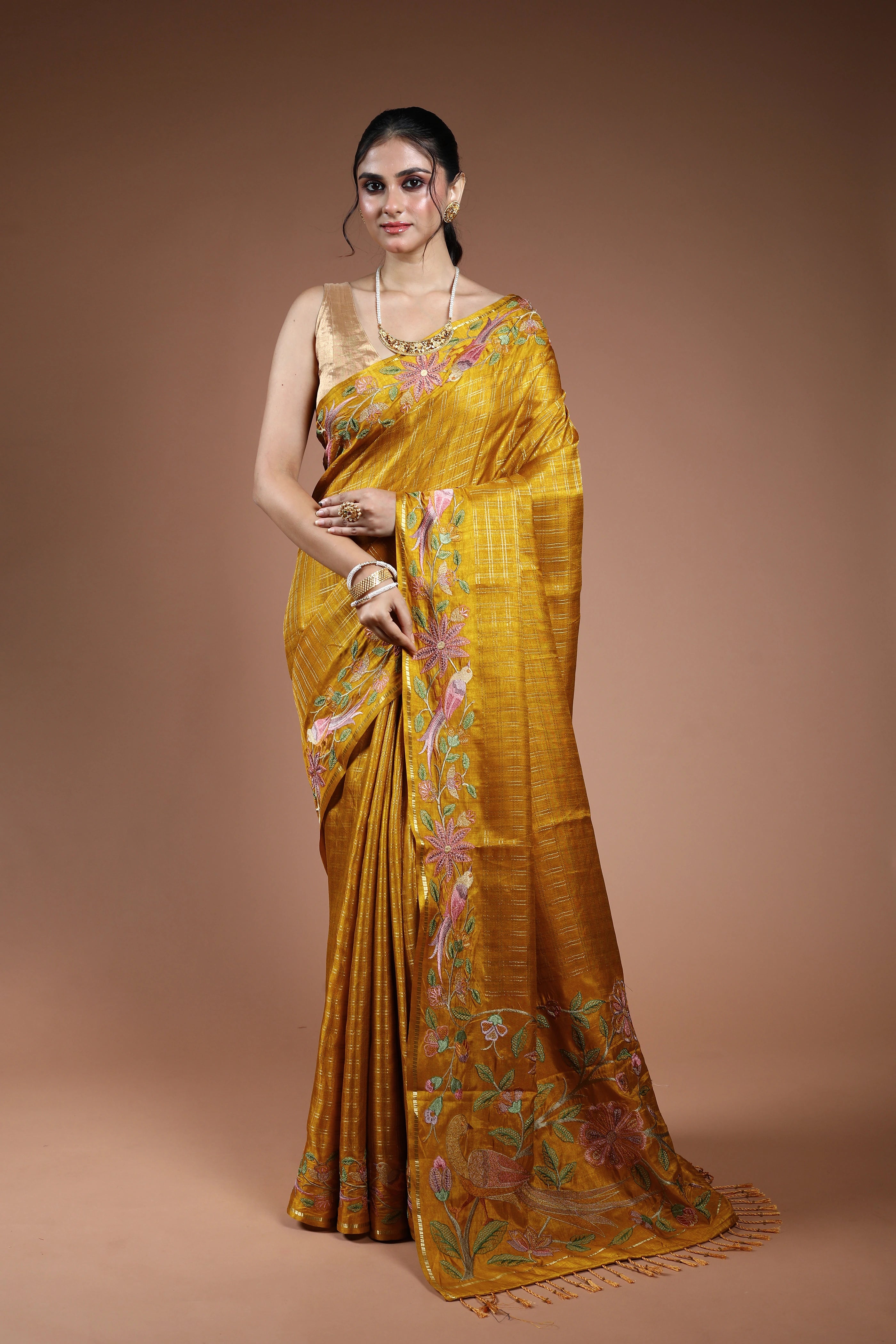 Golden Yellow Semi Tussar Saree With Blouse Piece